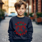 Sweet but Twisted Kids Christmas Sweatshirt 🍬 | Candy Cane Holiday Pullover | Cute Christmas Outfit Gildan 18000B Sweatshirt