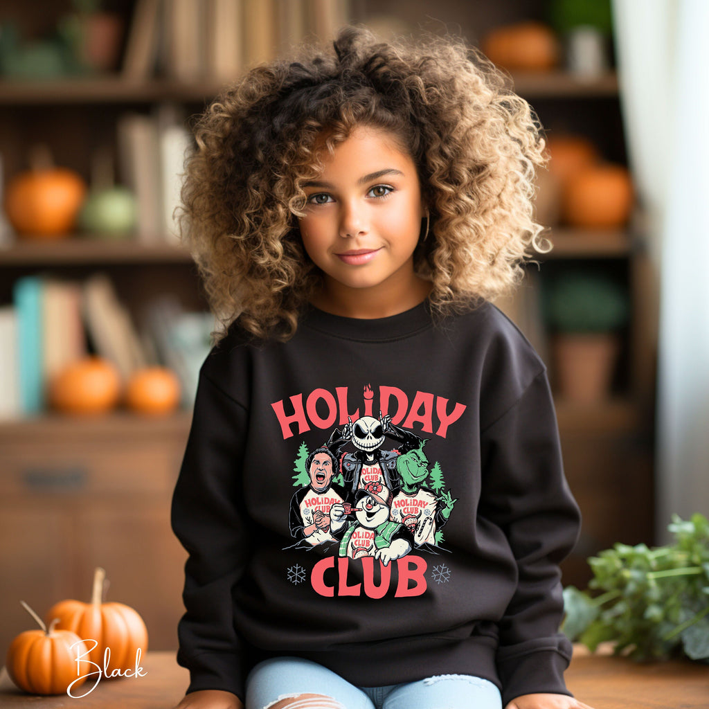 Holiday Club Kids Christmas Sweatshirt 🎅 | Buddy the Elf, Grinch, Jack Skellington & Frosty Gildan 18000B Sweatshirt