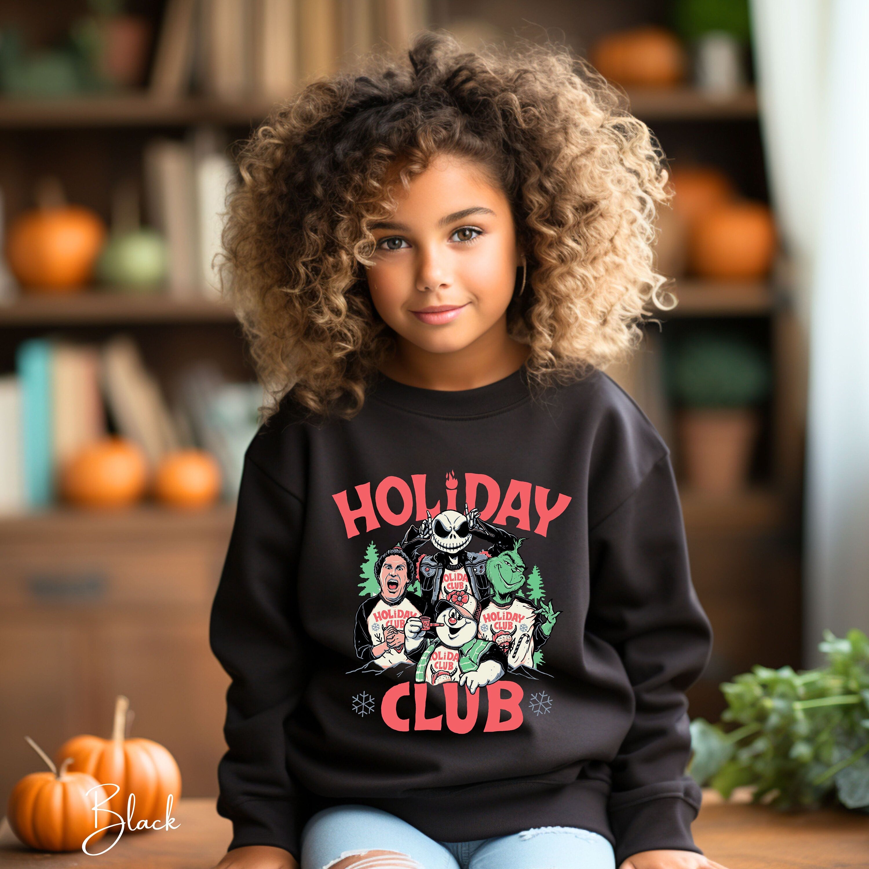Holiday Club Kids Christmas Sweatshirt 🎅 | Buddy the Elf, Grinch, Jack Skellington & Frosty Gildan 18000B Sweatshirt