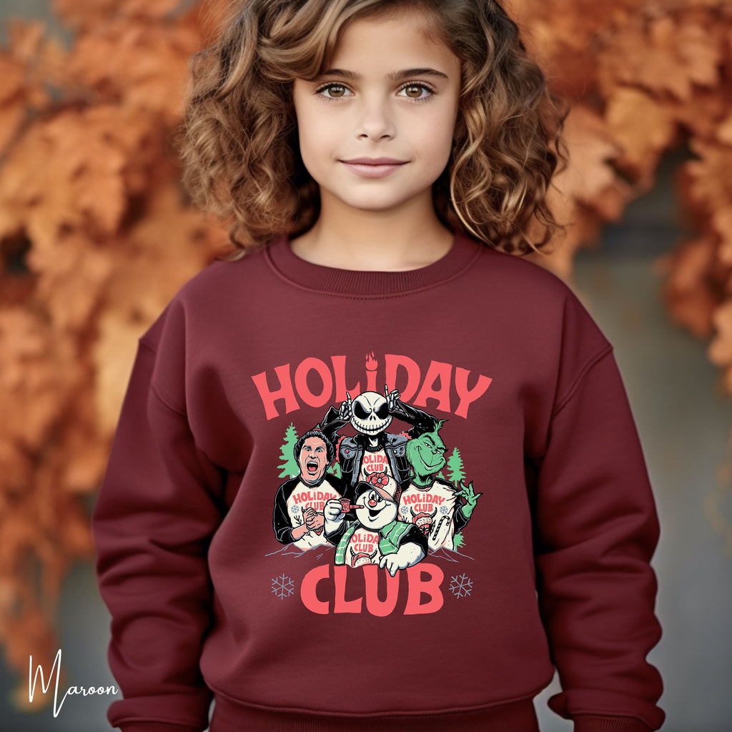 Holiday Club Kids Christmas Sweatshirt 🎅 | Buddy the Elf, Grinch, Jack Skellington & Frosty Gildan 18000B Sweatshirt