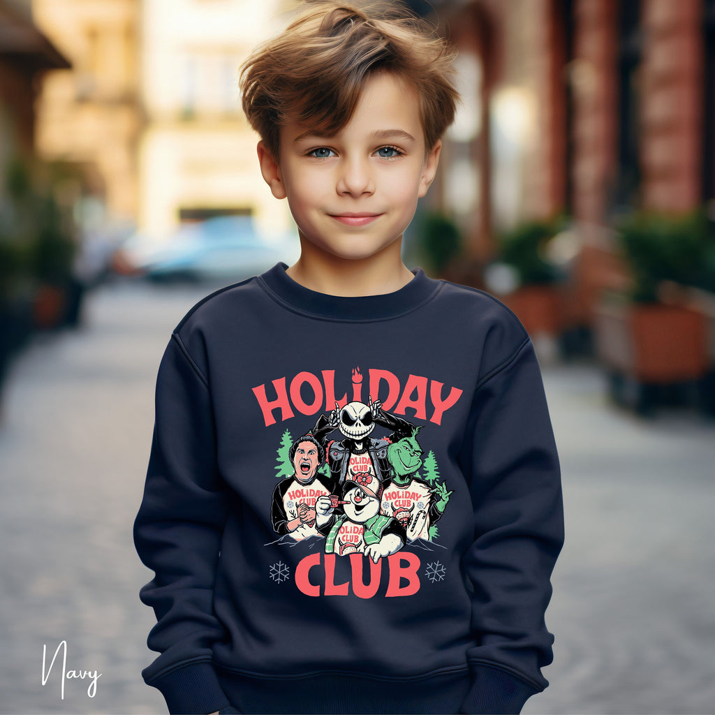Holiday Club Kids Christmas Sweatshirt 🎅 | Buddy the Elf, Grinch, Jack Skellington & Frosty Gildan 18000B Sweatshirt