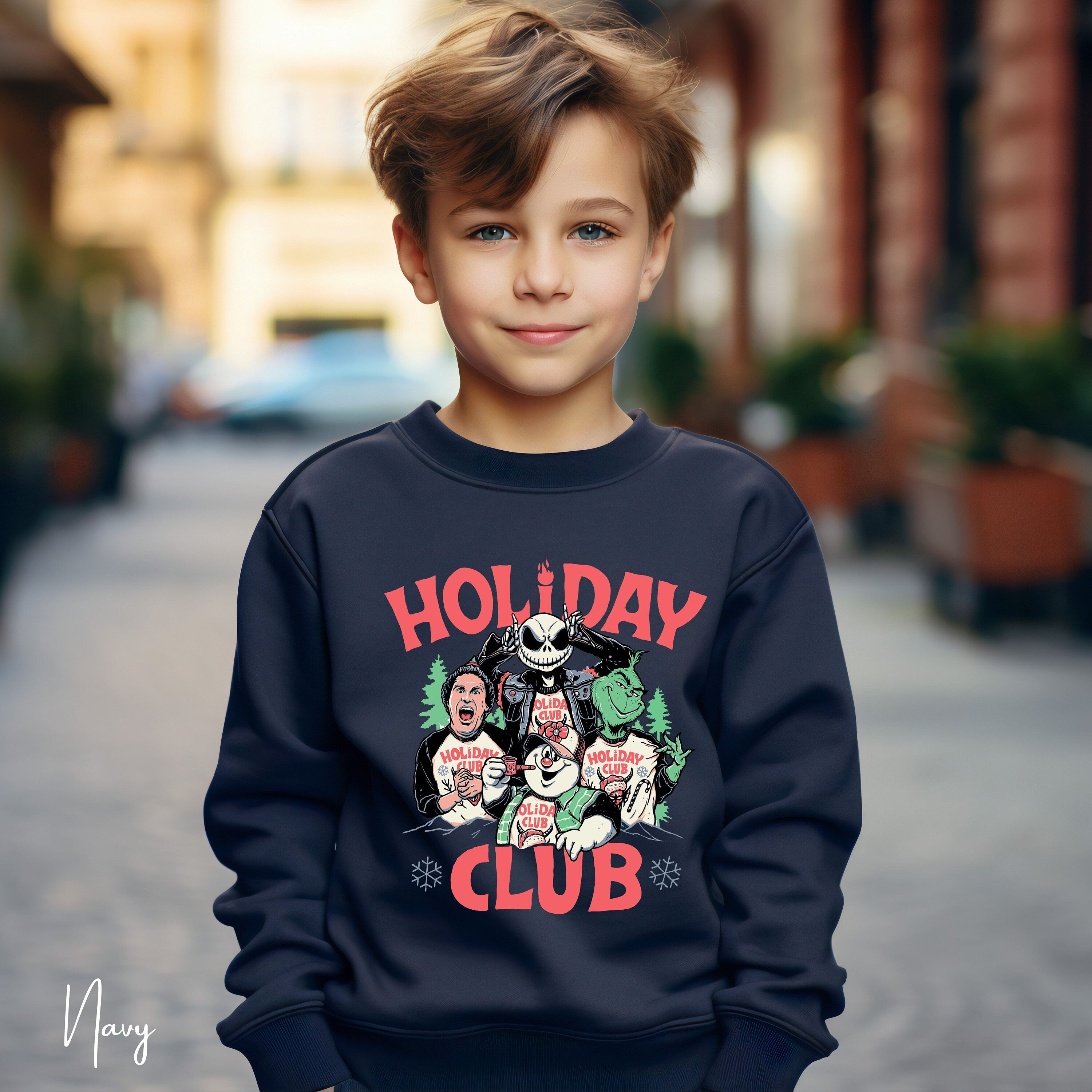 Holiday Club Kids Christmas Sweatshirt 🎅 | Buddy the Elf, Grinch, Jack Skellington & Frosty Gildan 18000B Sweatshirt