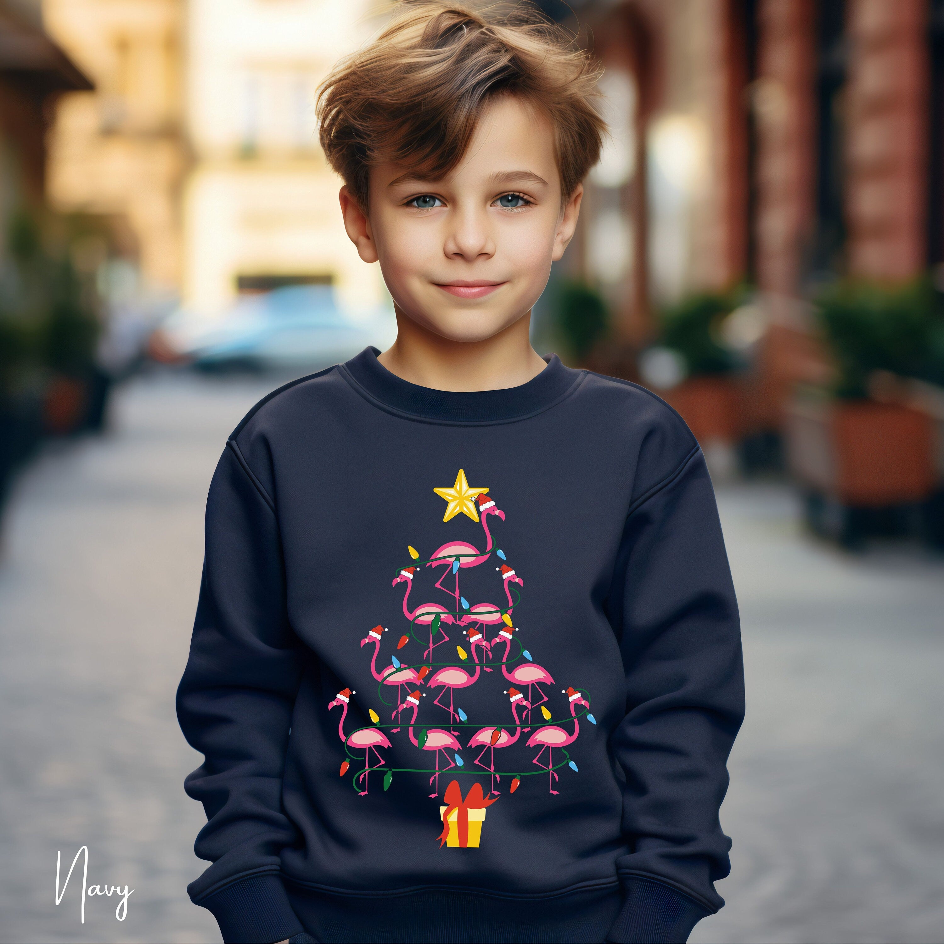 Kids Flamingo Christmas Tree Sweatshirt 🎄 | Fun Holiday Pullover | Tropical Christmas Gildan 18000B Sweatshirt