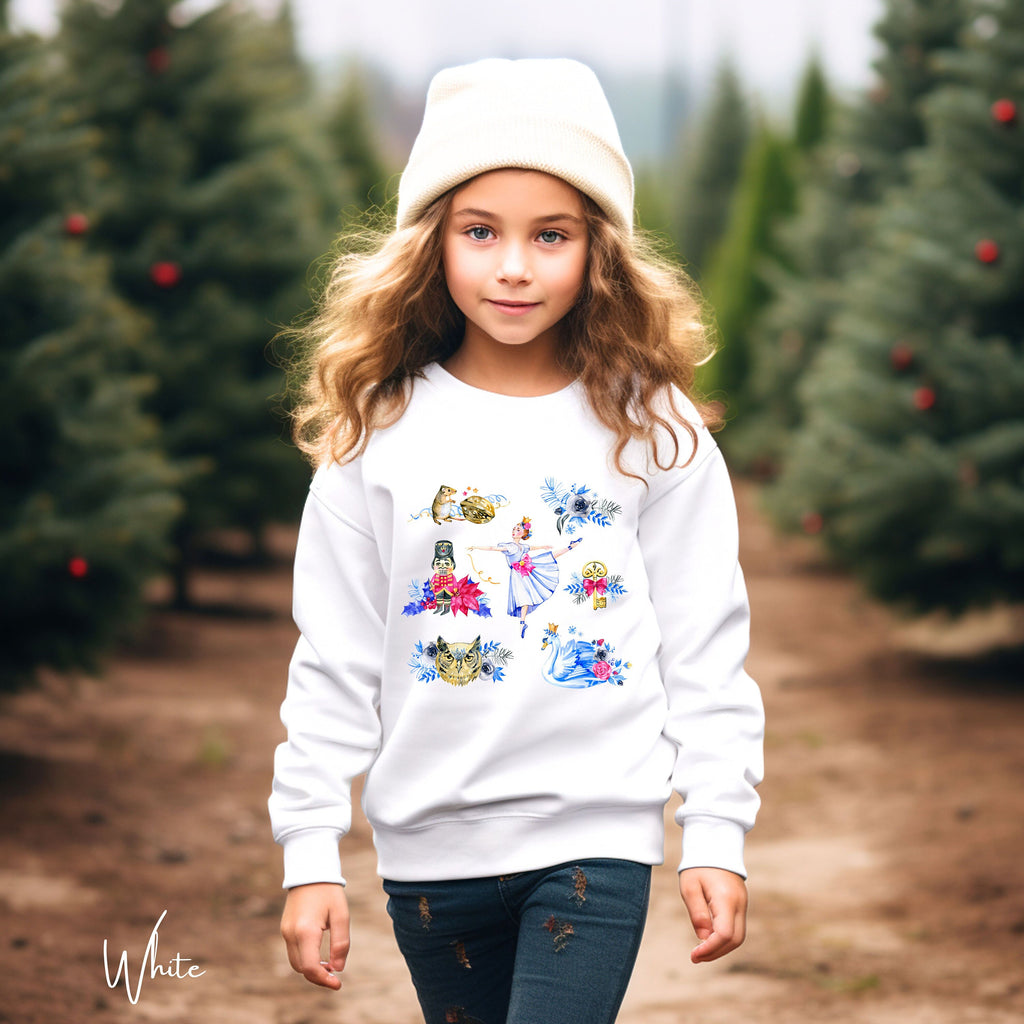 Nutcracker Ballet Kids Christmas Sweatshirt 🎄 | Ballerina, Swan & Nutcracker Design | Holiday Pullover Gildan 18000B Sweatshirt