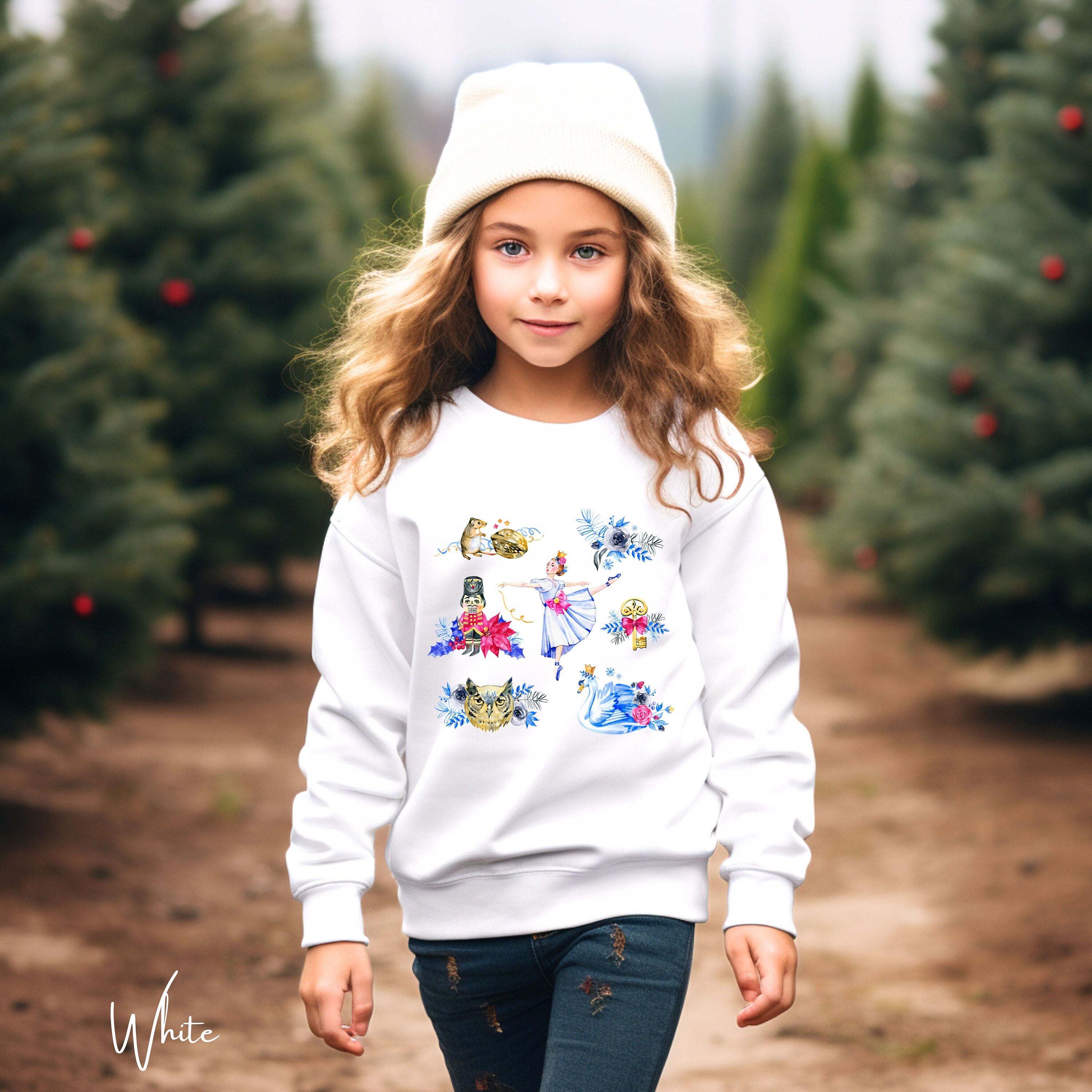 Nutcracker Ballet Kids Christmas Sweatshirt 🎄 | Ballerina, Swan & Nutcracker Design | Holiday Pullover Gildan 18000B Sweatshirt
