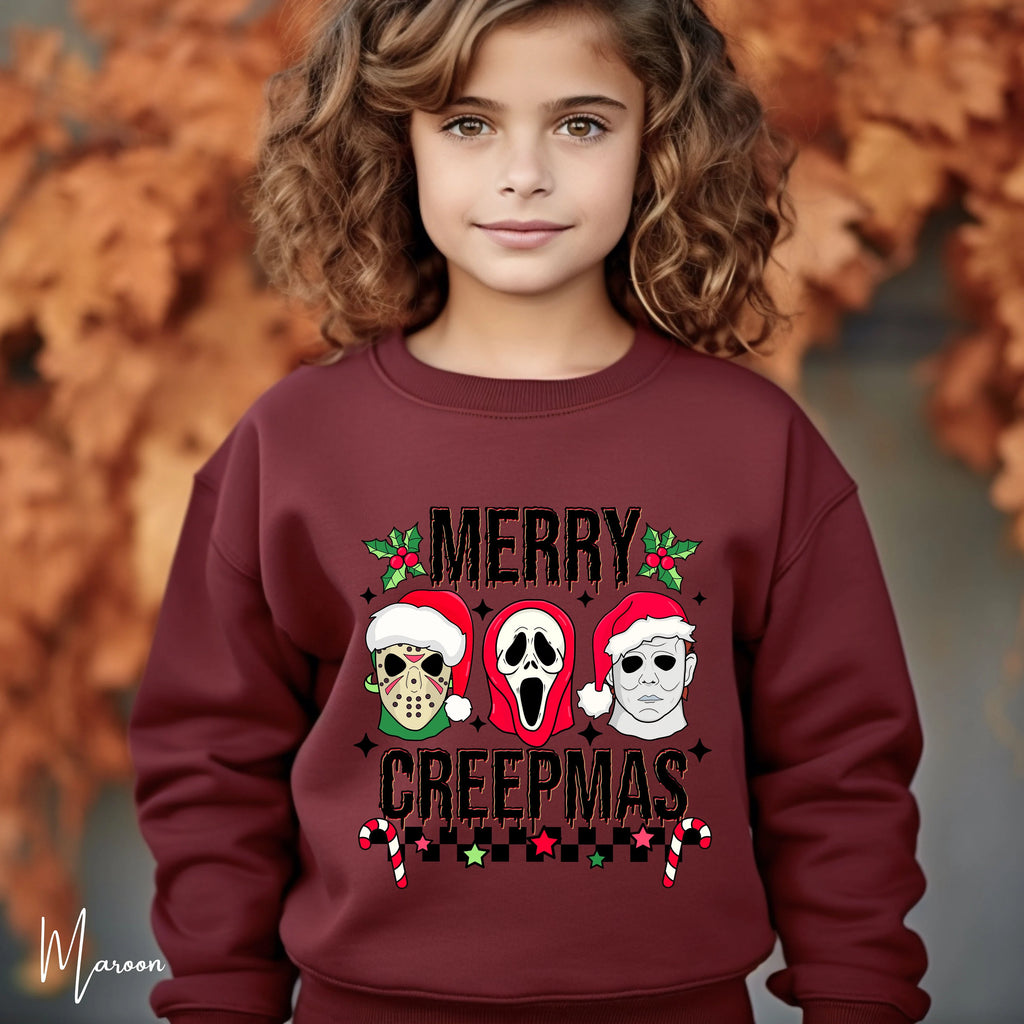 Merry Creepmas Kids Sweatshirt 🎄 | Funny Spooky Christmas Pullover | Cute Horror Holiday Sweater Gildan 18000B Sweatshirt