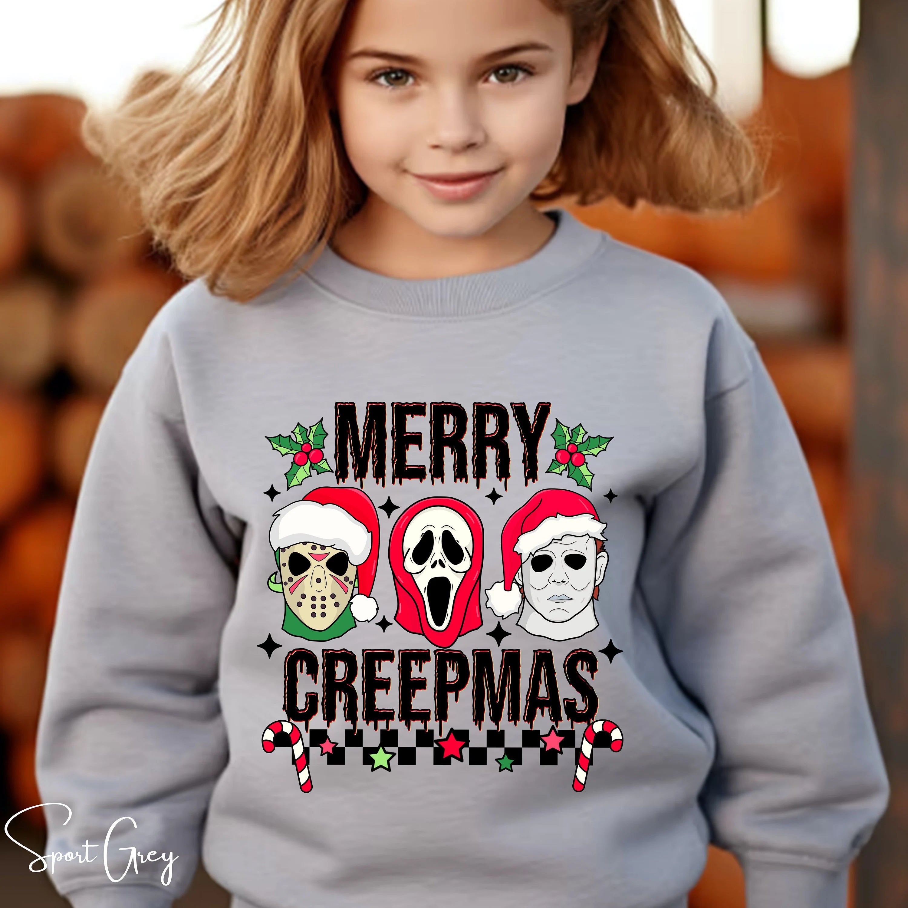 Merry Creepmas Kids Sweatshirt 🎄 | Funny Spooky Christmas Pullover | Cute Horror Holiday Sweater Gildan 18000B Sweatshirt