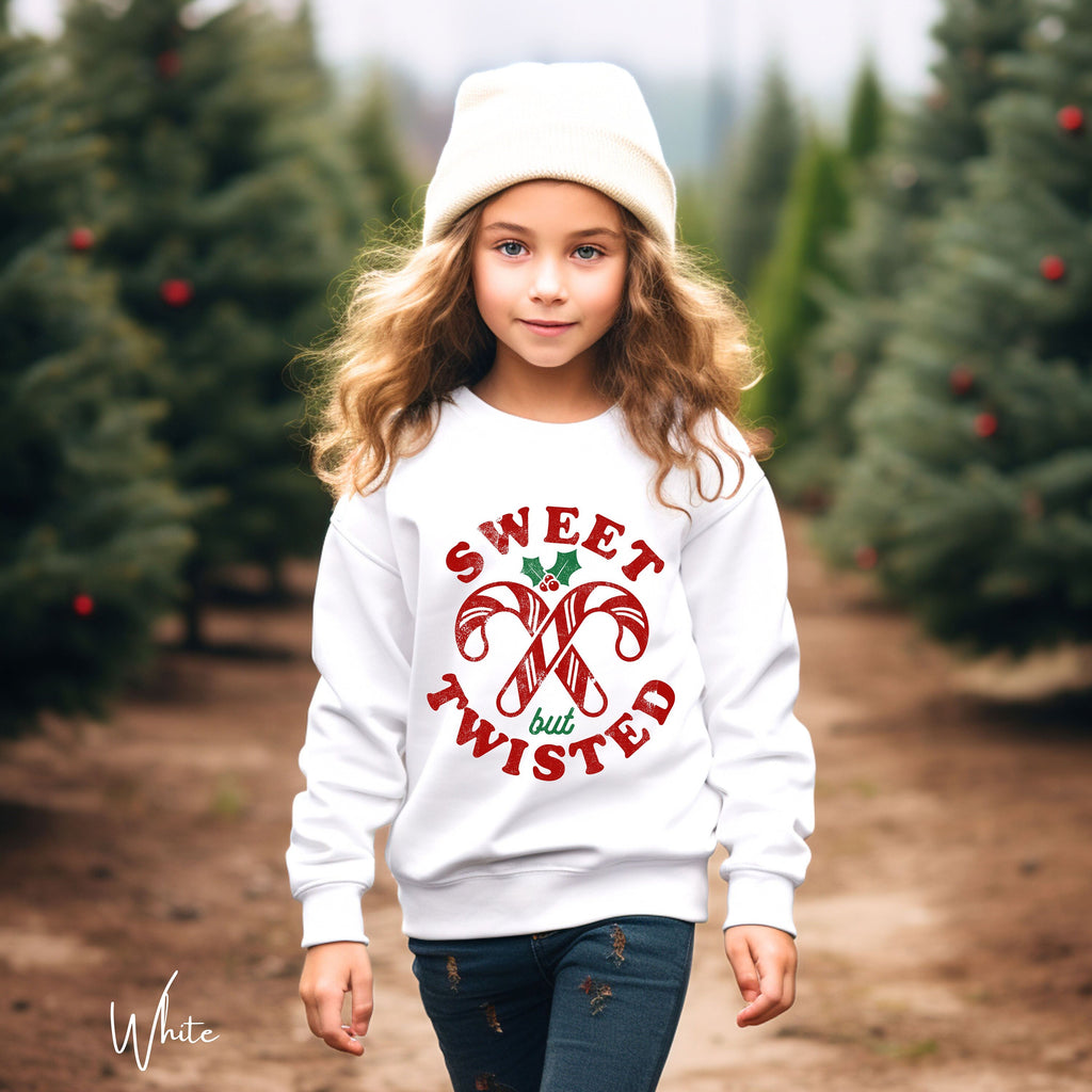 Sweet but Twisted Kids Christmas Sweatshirt 🍬 | Candy Cane Holiday Pullover | Cute Christmas Outfit Gildan 18000B Sweatshirt