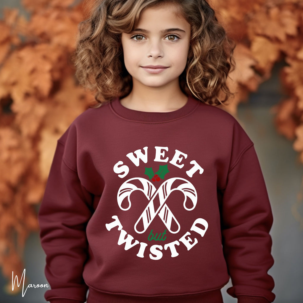 Sweet but Twisted Kids Christmas Sweatshirt 🍬 | Candy Cane Holiday Pullover | Cute Christmas Outfit Gildan 18000B Sweatshirt