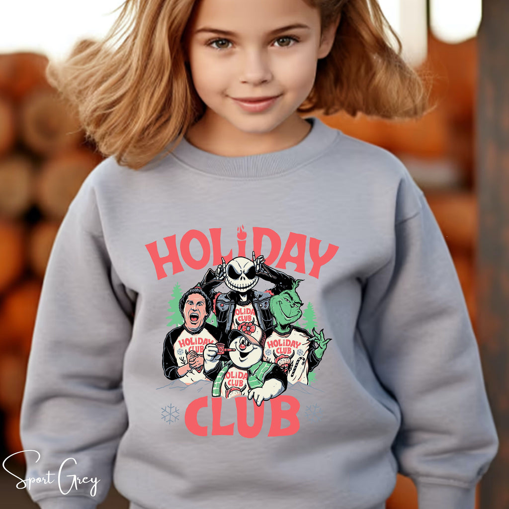 Holiday Club Kids Christmas Sweatshirt 🎅 | Buddy the Elf, Grinch, Jack Skellington & Frosty Gildan 18000B Sweatshirt