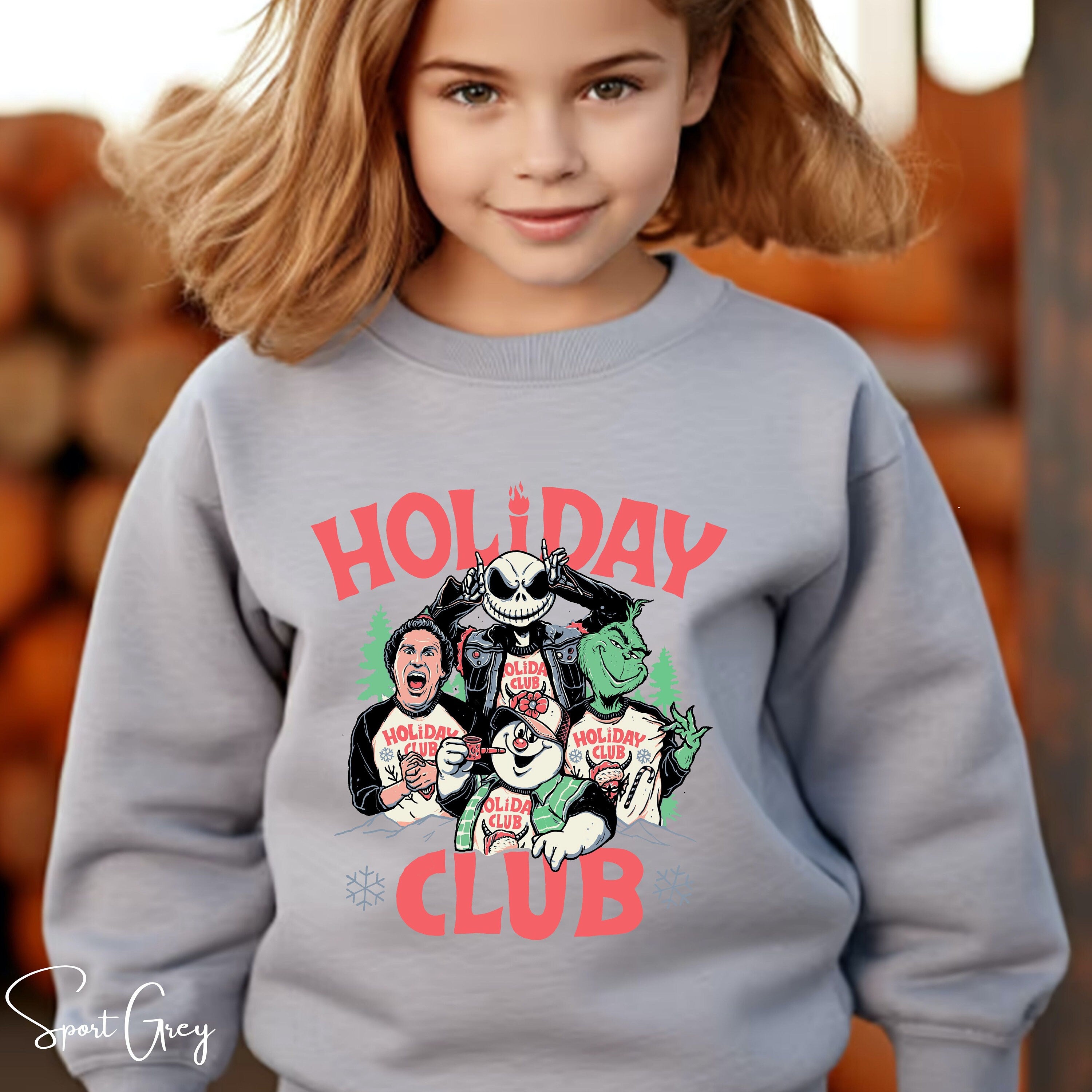 Holiday Club Kids Christmas Sweatshirt 🎅 | Buddy the Elf, Grinch, Jack Skellington & Frosty Gildan 18000B Sweatshirt