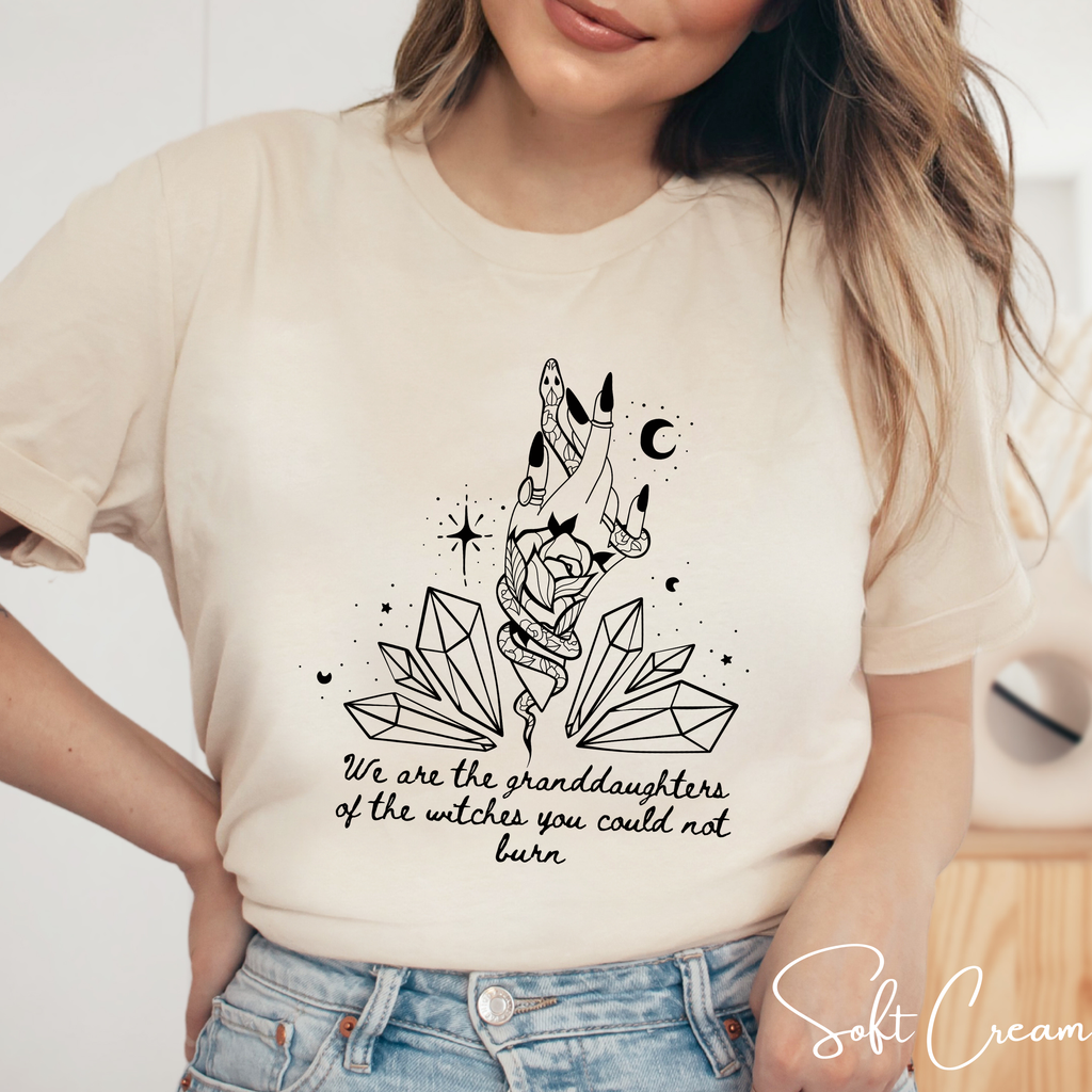 🔮 We Are the Granddaughters of the Witches They Could Not Burn – Women’s Witchy Crystal Graphic Tee ✨ Spiritual Feminist Shirt • Mystic Empowerment Top 🖤🌙