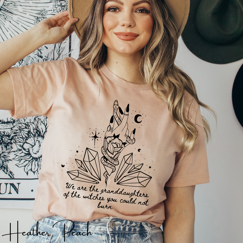 🔮 We Are the Granddaughters of the Witches They Could Not Burn – Women’s Witchy Crystal Graphic Tee ✨ Spiritual Feminist Shirt • Mystic Empowerment Top 🖤🌙