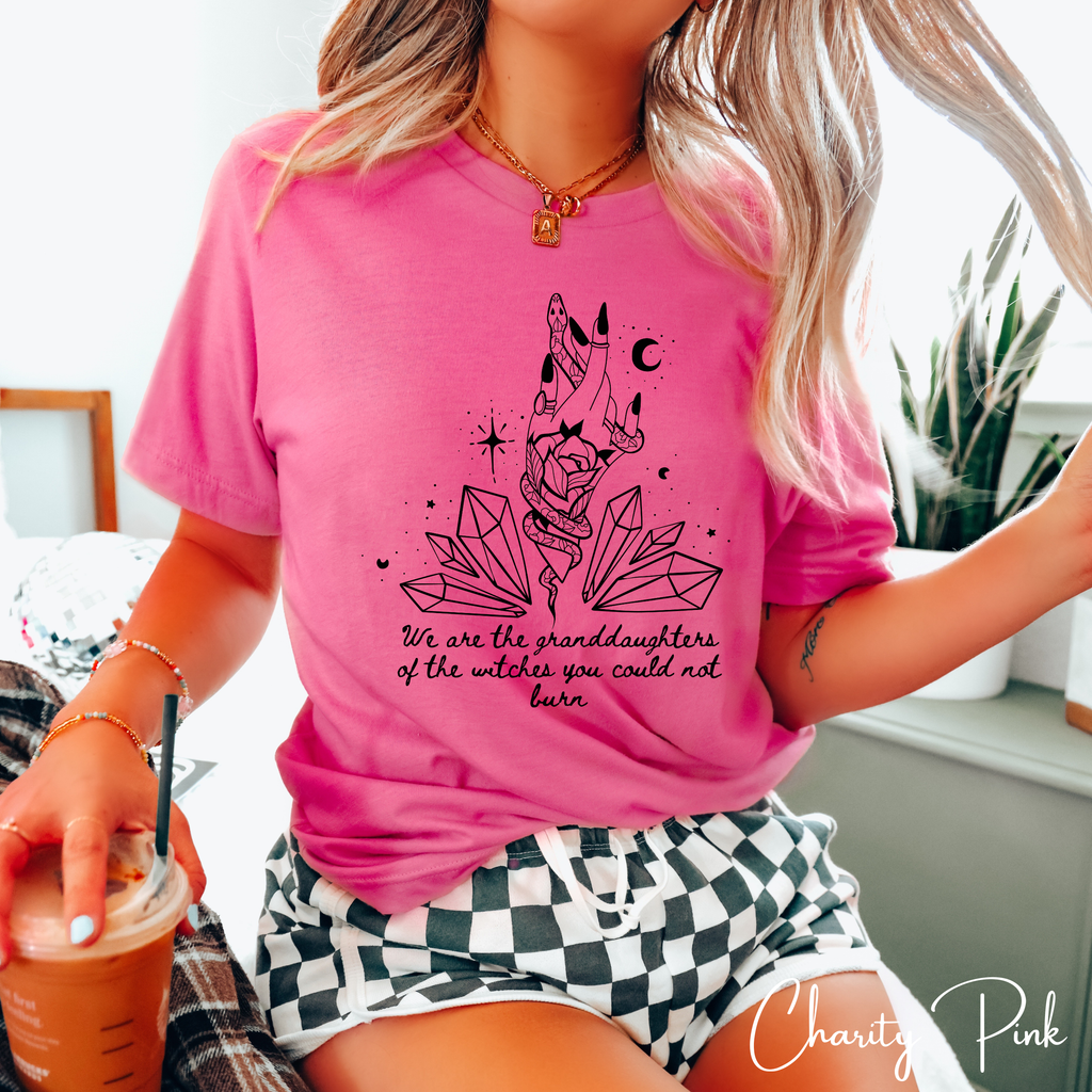 🔮 We Are the Granddaughters of the Witches They Could Not Burn – Women’s Witchy Crystal Graphic Tee ✨ Spiritual Feminist Shirt • Mystic Empowerment Top 🖤🌙