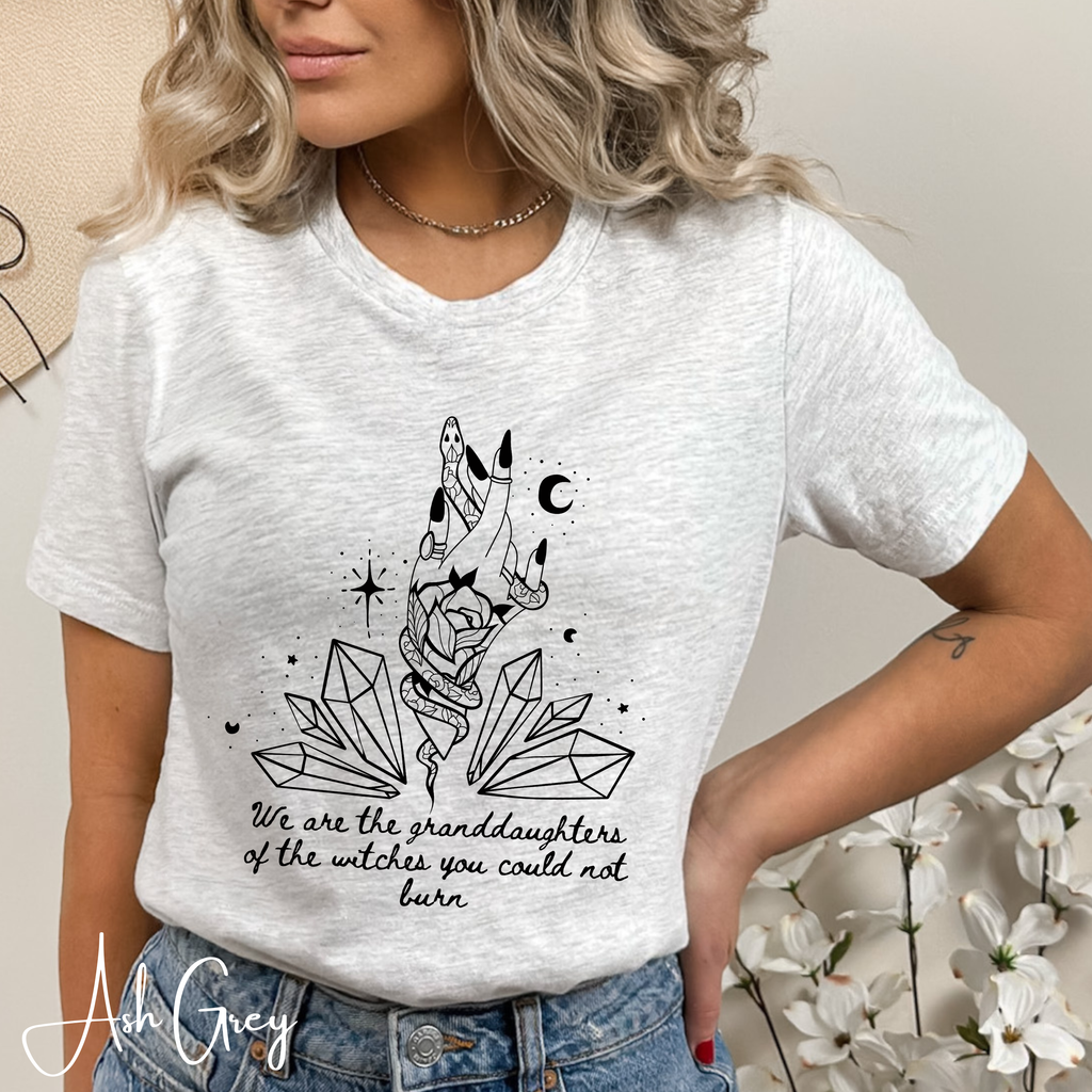 🔮 We Are the Granddaughters of the Witches They Could Not Burn – Women’s Witchy Crystal Graphic Tee ✨ Spiritual Feminist Shirt • Mystic Empowerment Top 🖤🌙