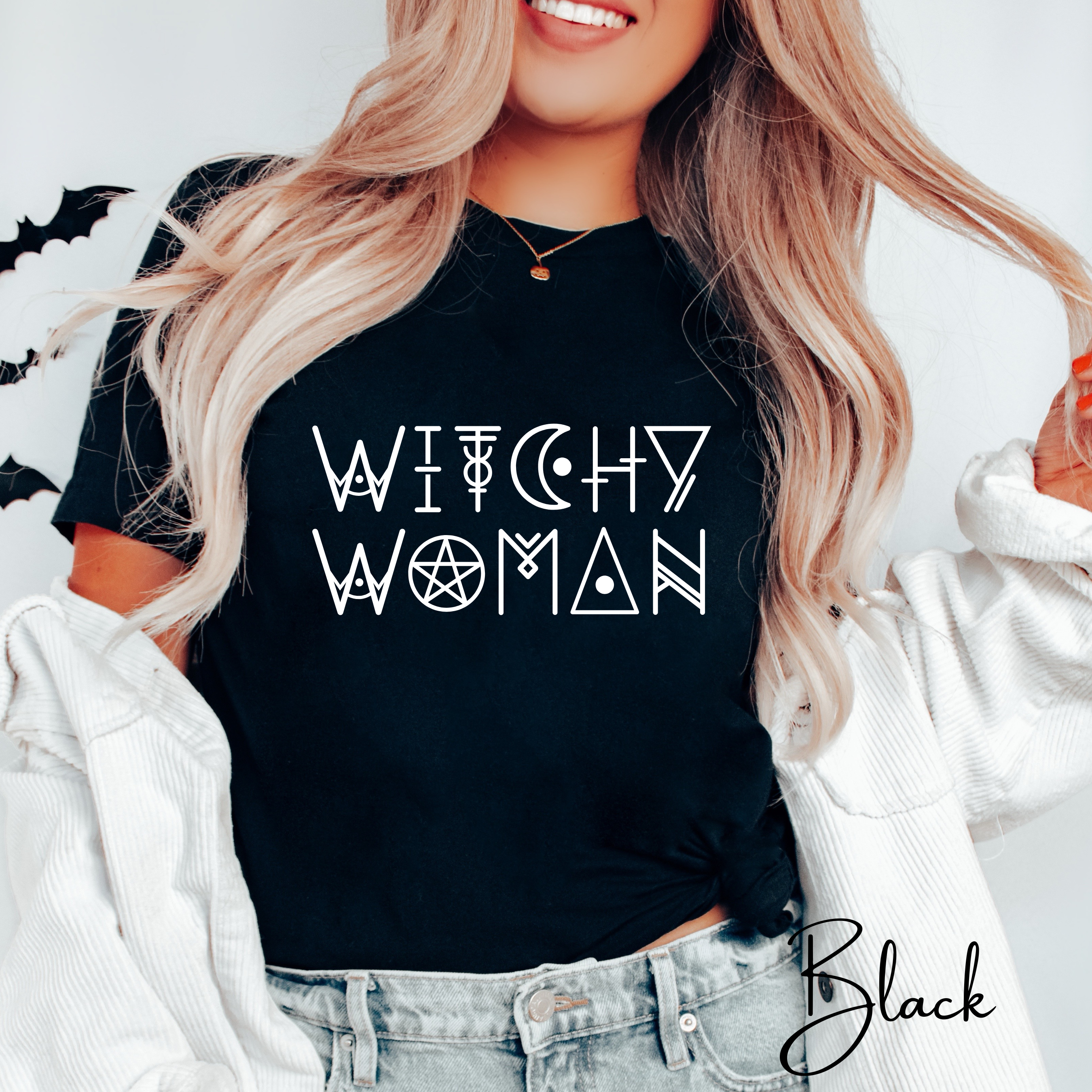 🌙 Witchy Woman – Mystic Wicca-Style Font Graphic Tee ✨ Spellbound Aesthetic Shirt for Free-Spirited Witches Bella Canvas 3001 Tee 🔮🖤