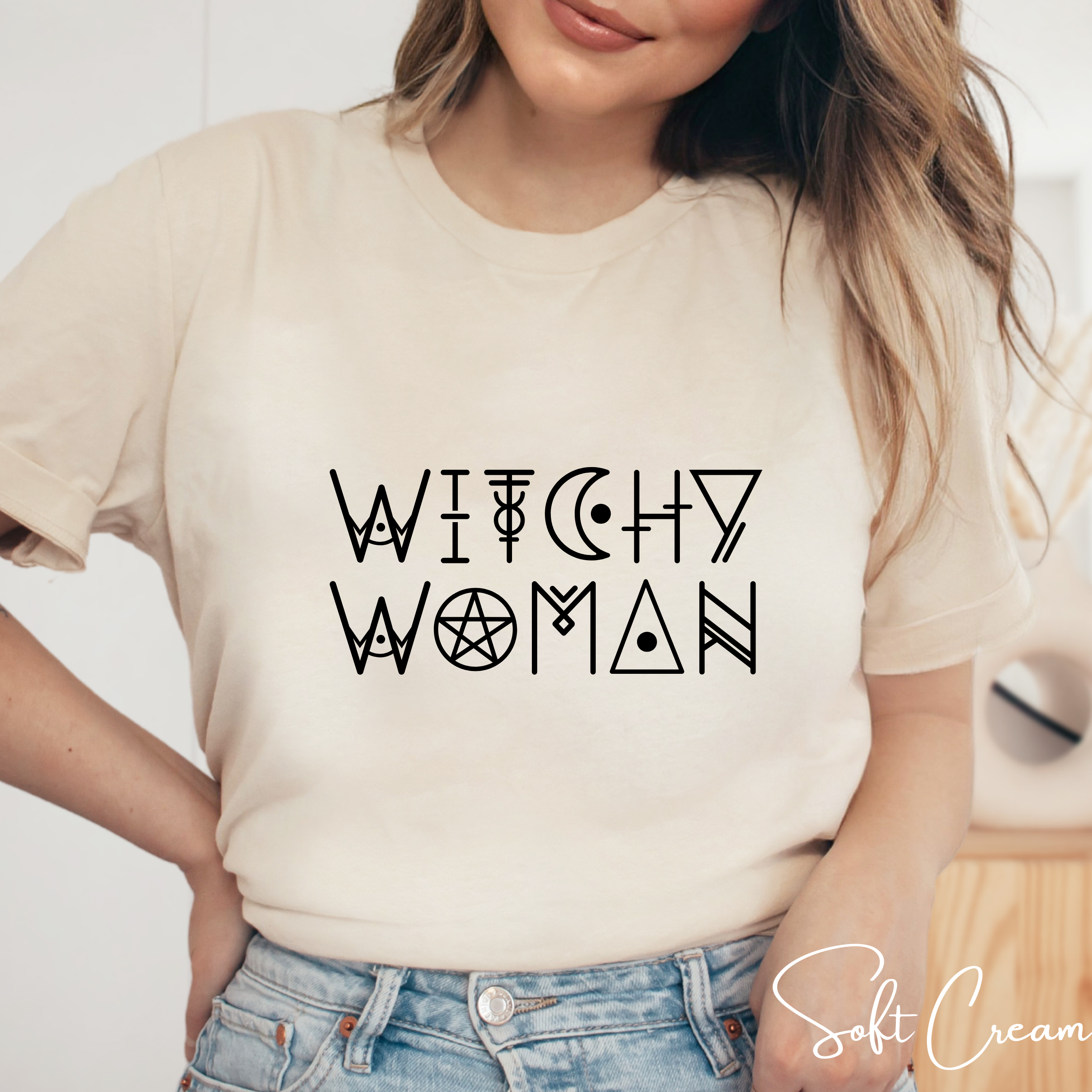 🌙 Witchy Woman – Mystic Wicca-Style Font Graphic Tee ✨ Spellbound Aesthetic Shirt for Free-Spirited Witches Bella Canvas 3001 Tee 🔮🖤