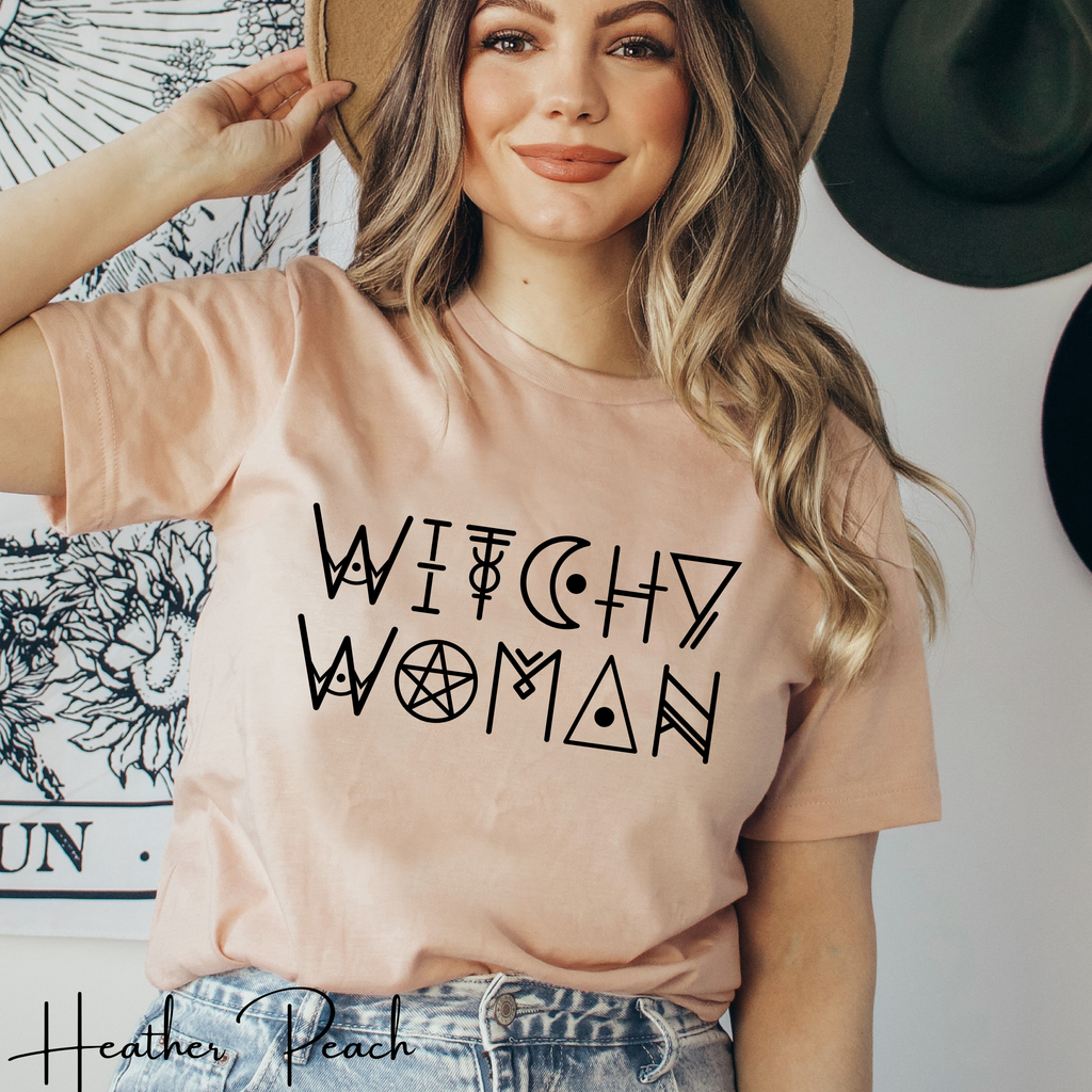 🌙 Witchy Woman – Mystic Wicca-Style Font Graphic Tee ✨ Spellbound Aesthetic Shirt for Free-Spirited Witches Bella Canvas 3001 Tee 🔮🖤