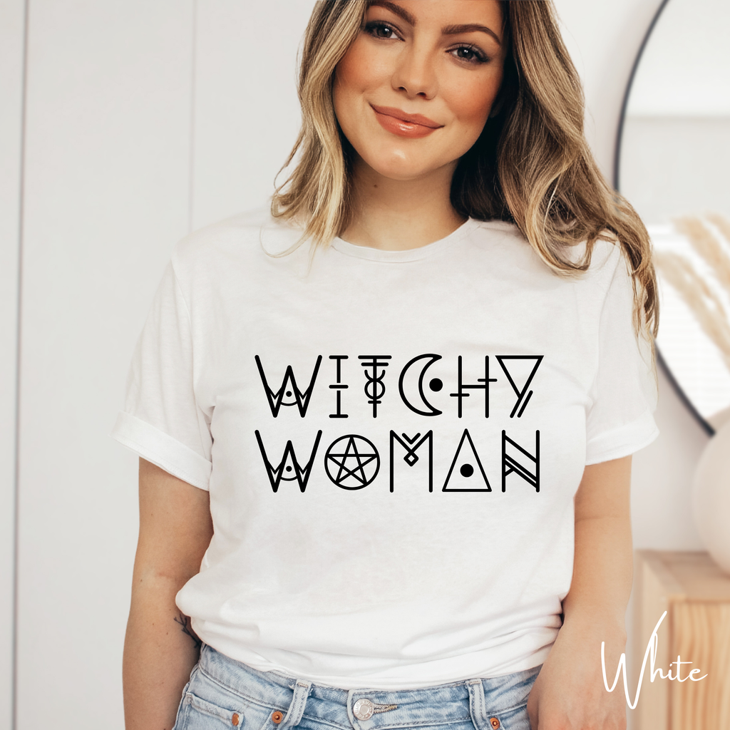🌙 Witchy Woman – Mystic Wicca-Style Font Graphic Tee ✨ Spellbound Aesthetic Shirt for Free-Spirited Witches Bella Canvas 3001 Tee 🔮🖤