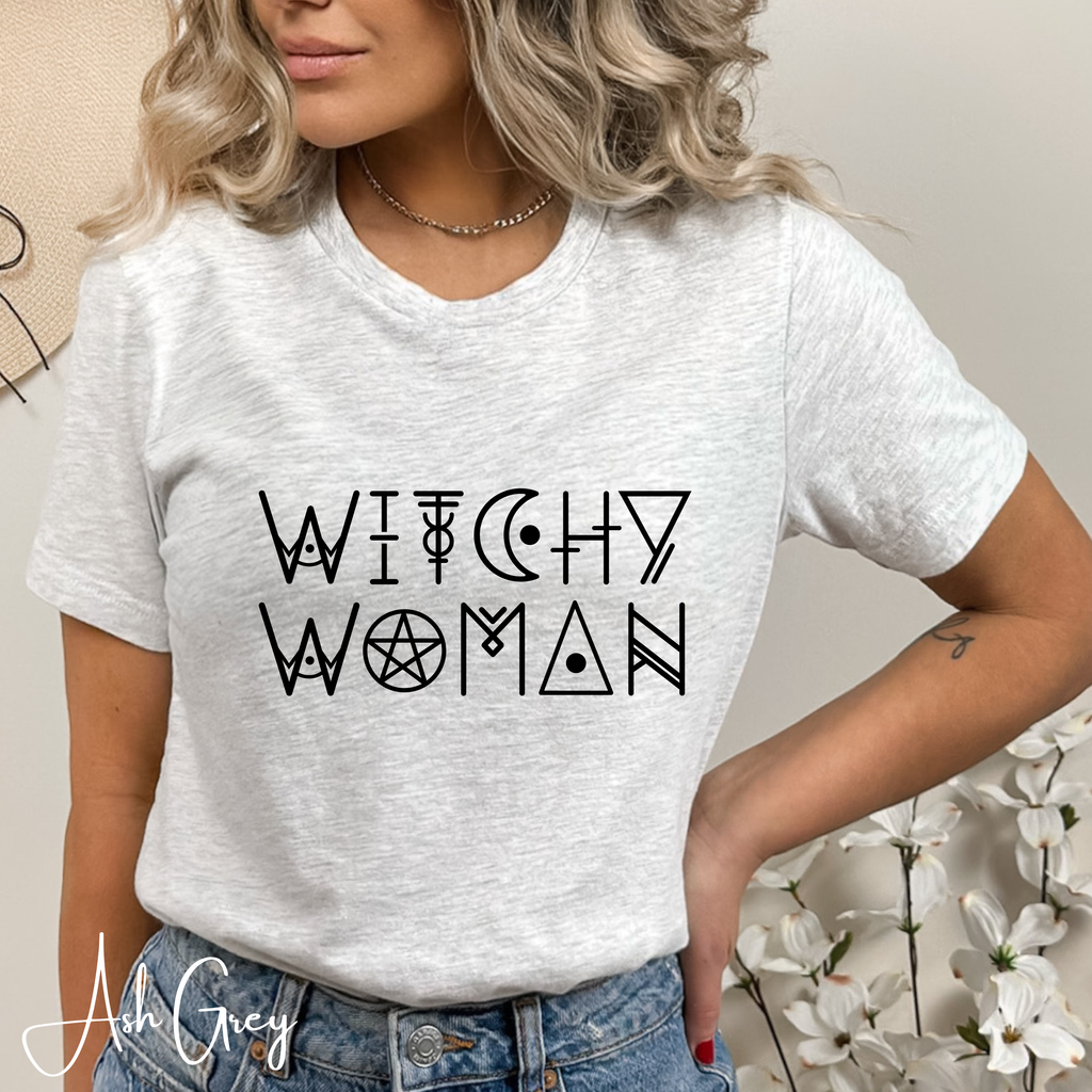 🌙 Witchy Woman – Mystic Wicca-Style Font Graphic Tee ✨ Spellbound Aesthetic Shirt for Free-Spirited Witches Bella Canvas 3001 Tee 🔮🖤