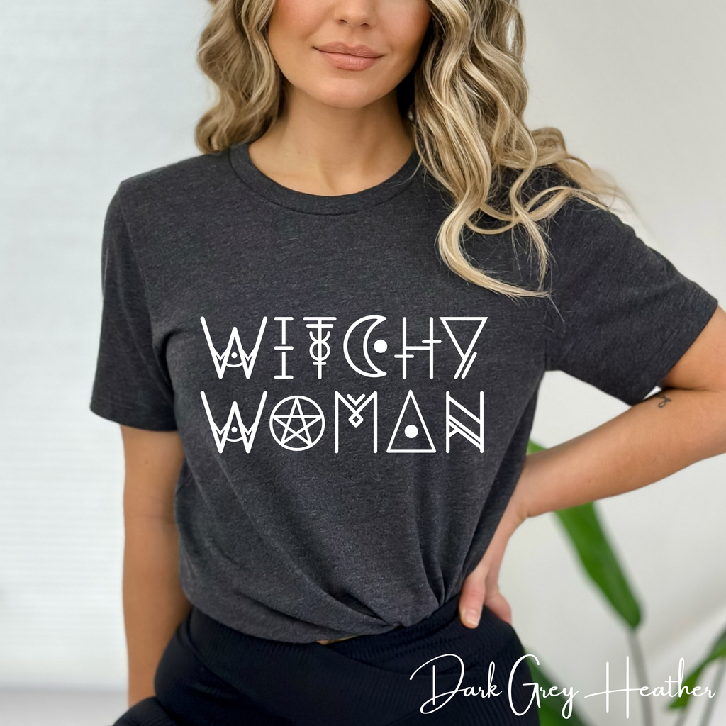 🌙 Witchy Woman – Mystic Wicca-Style Font Graphic Tee ✨ Spellbound Aesthetic Shirt for Free-Spirited Witches Bella Canvas 3001 Tee 🔮🖤