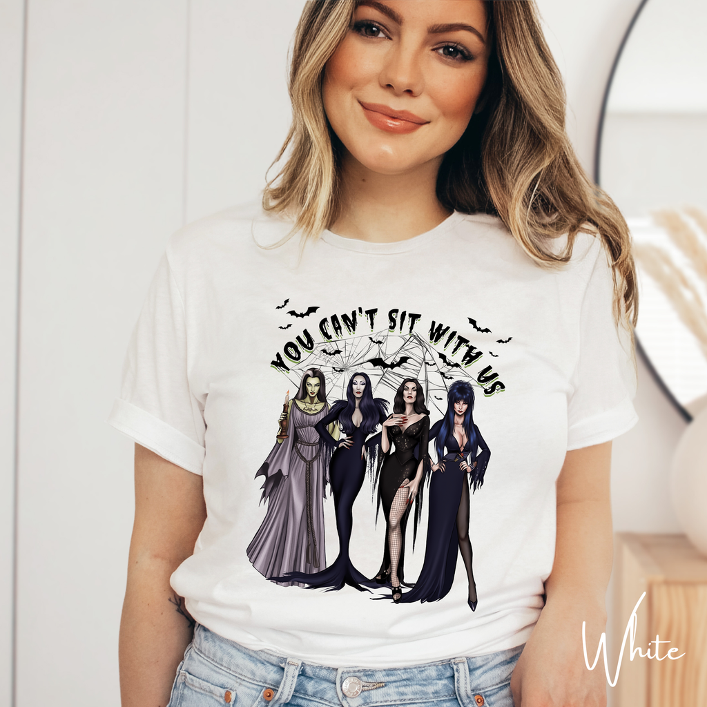 Women of Horror “You Can’t Sit With Us” Tee 👻🖤💋 | Morticia, Elvira, Bride of Frankenstein, Vampira & Lily Munster Bella Canvas 3001 Tshirt