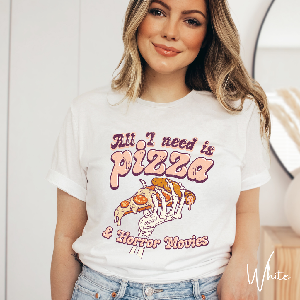 All I Need Is Pizza and Horror Movies T-Shirt | Skeleton Hand Pizza Graphic Bella Canvas 3001 Tee