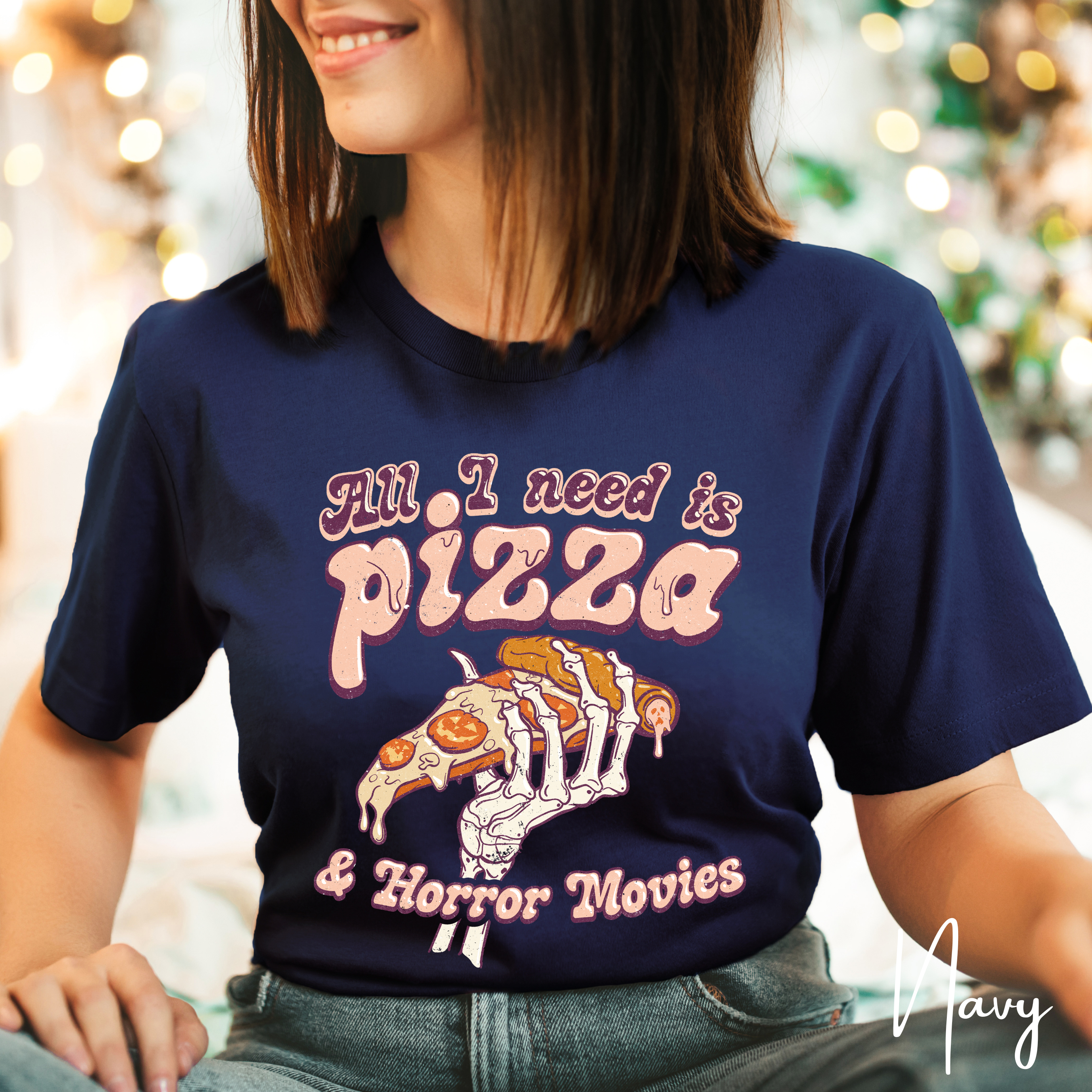All I Need Is Pizza and Horror Movies T-Shirt | Skeleton Hand Pizza Graphic Bella Canvas 3001 Tee