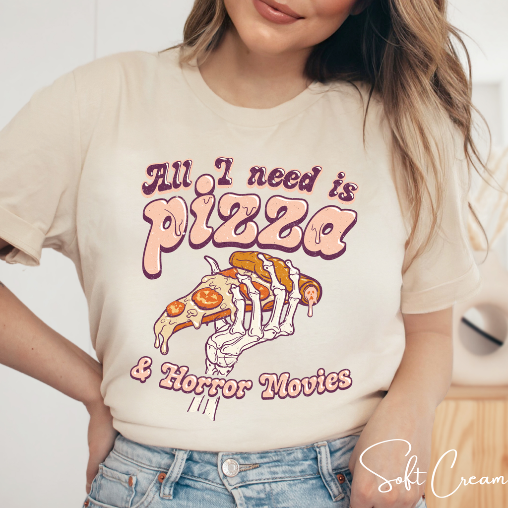All I Need Is Pizza and Horror Movies T-Shirt | Skeleton Hand Pizza Graphic Bella Canvas 3001 Tee