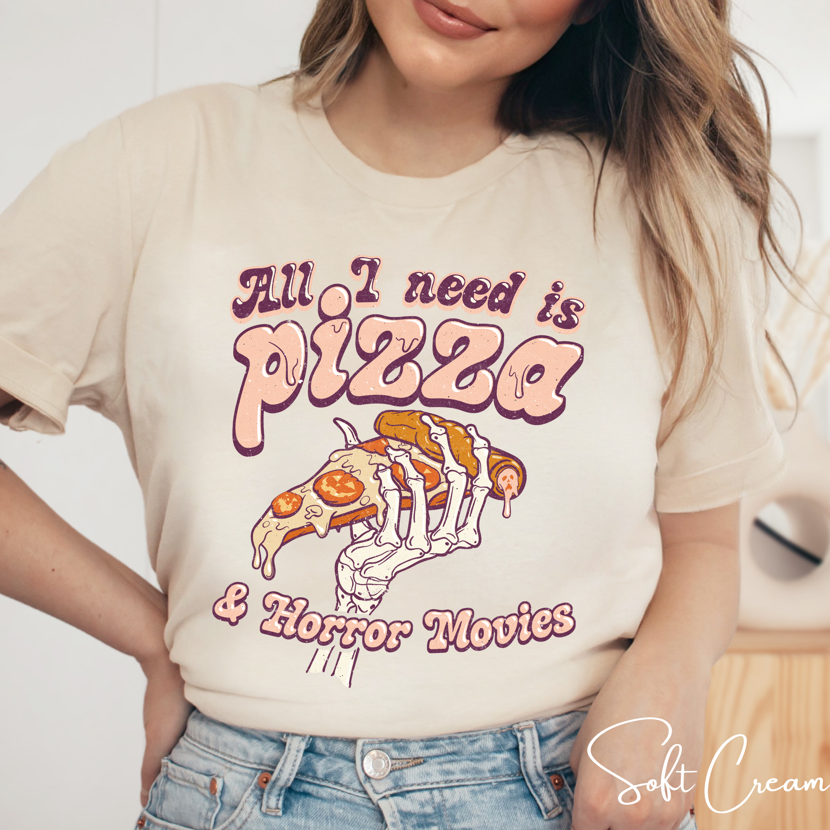 All I Need Is Pizza and Horror Movies T-Shirt | Skeleton Hand Pizza Graphic Bella Canvas 3001 Tee