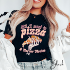 All I Need Is Pizza and Horror Movies T-Shirt | Skeleton Hand Pizza Graphic Bella Canvas 3001 Tee