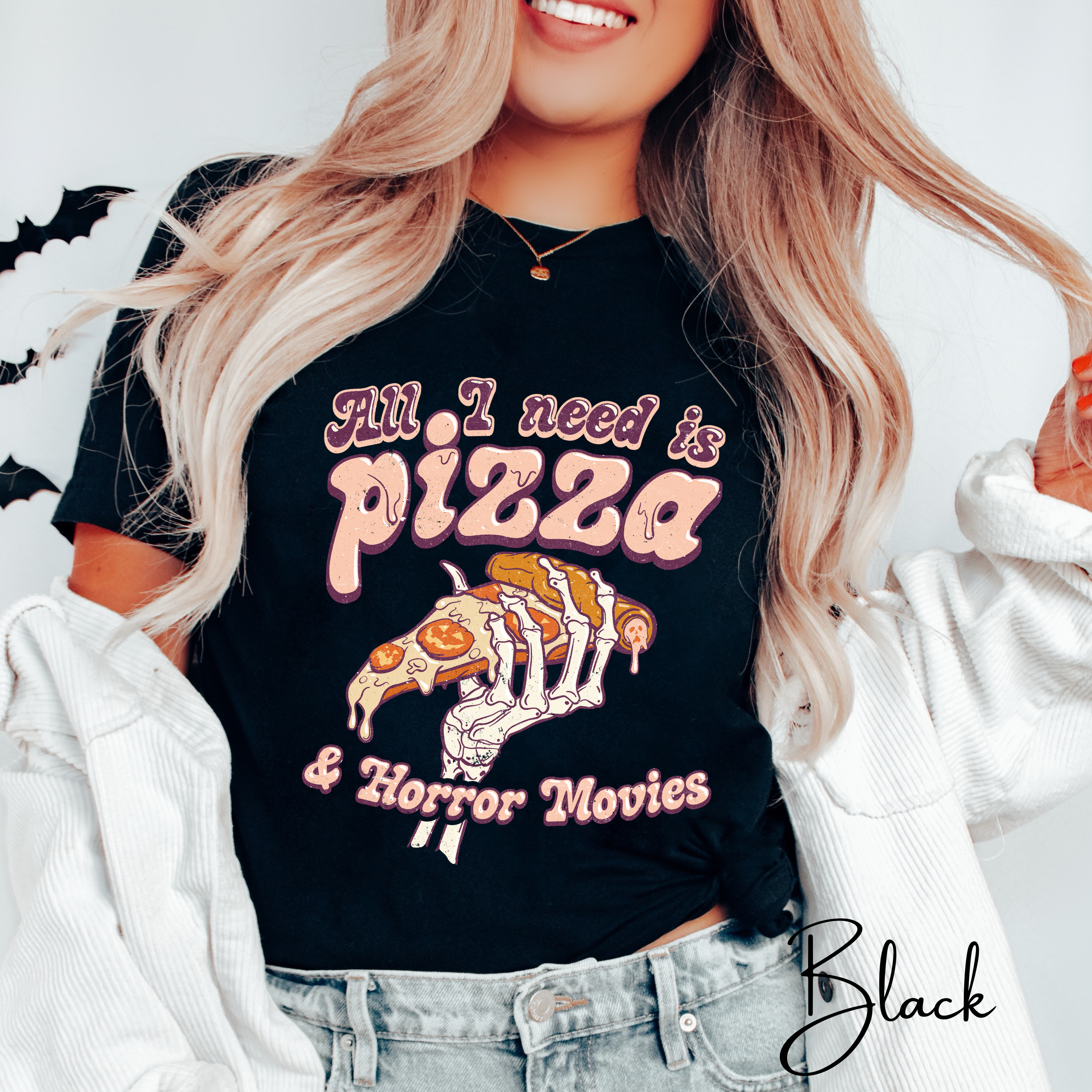 All I Need Is Pizza and Horror Movies T-Shirt | Skeleton Hand Pizza Graphic Bella Canvas 3001 Tee