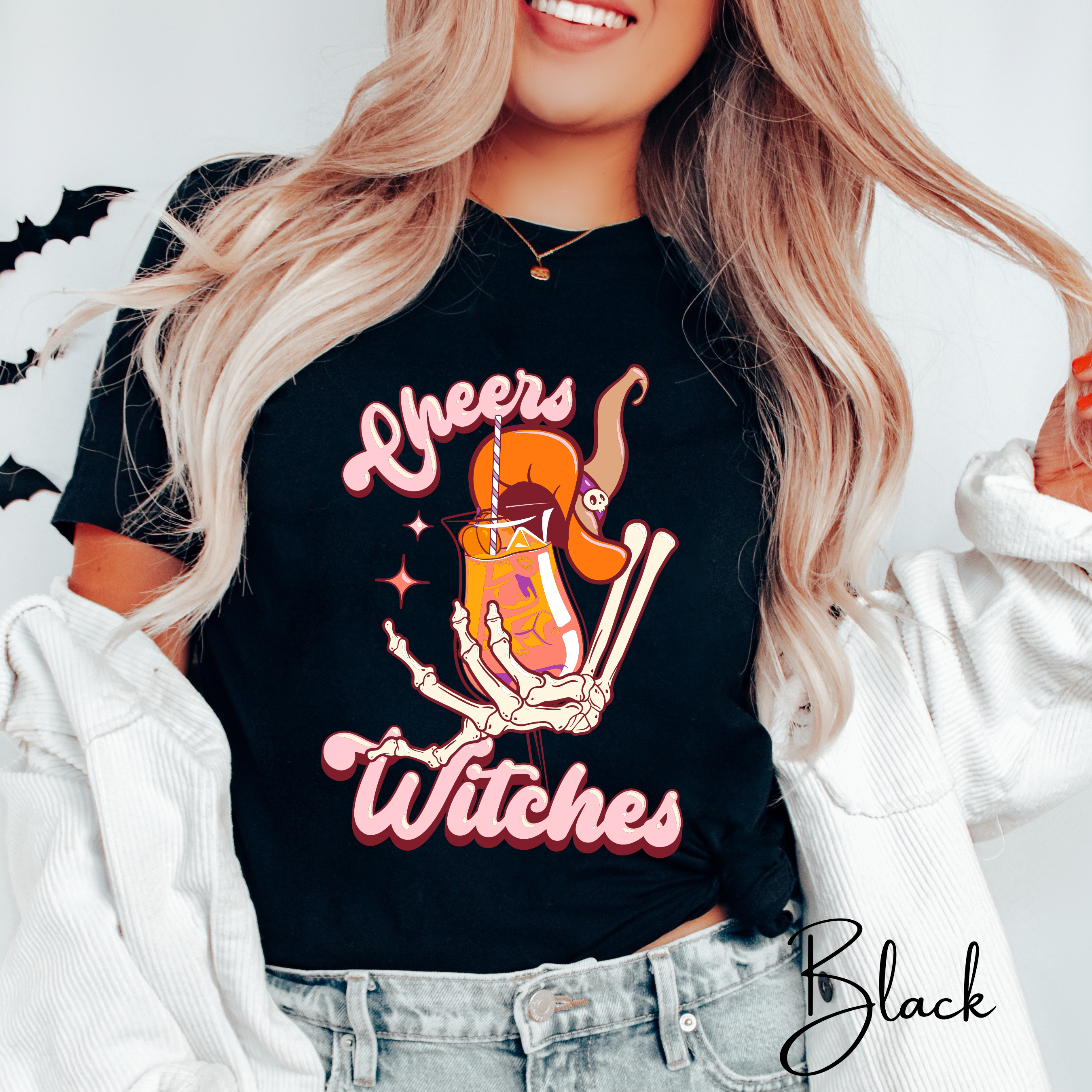Cheers Witches T-Shirt | Skeleton Hand Cocktail Halloween Bella Canvas 3001 Tshirt