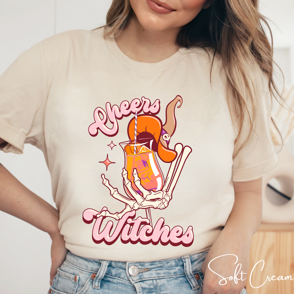 Cheers Witches T-Shirt | Skeleton Hand Cocktail Halloween Bella Canvas 3001 Tshirt