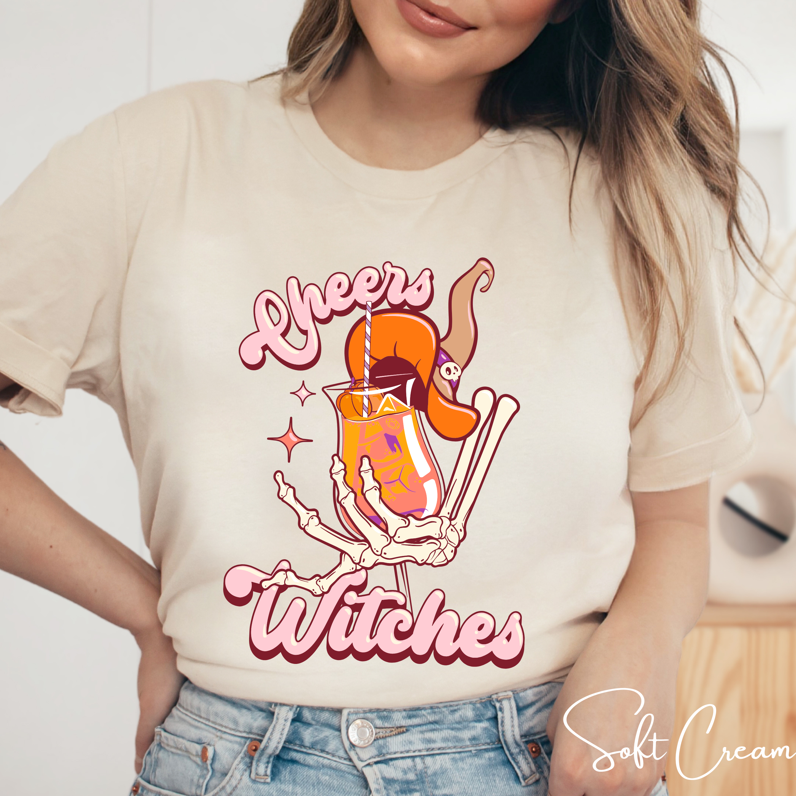 Cheers Witches T-Shirt | Skeleton Hand Cocktail Halloween Bella Canvas 3001 Tshirt