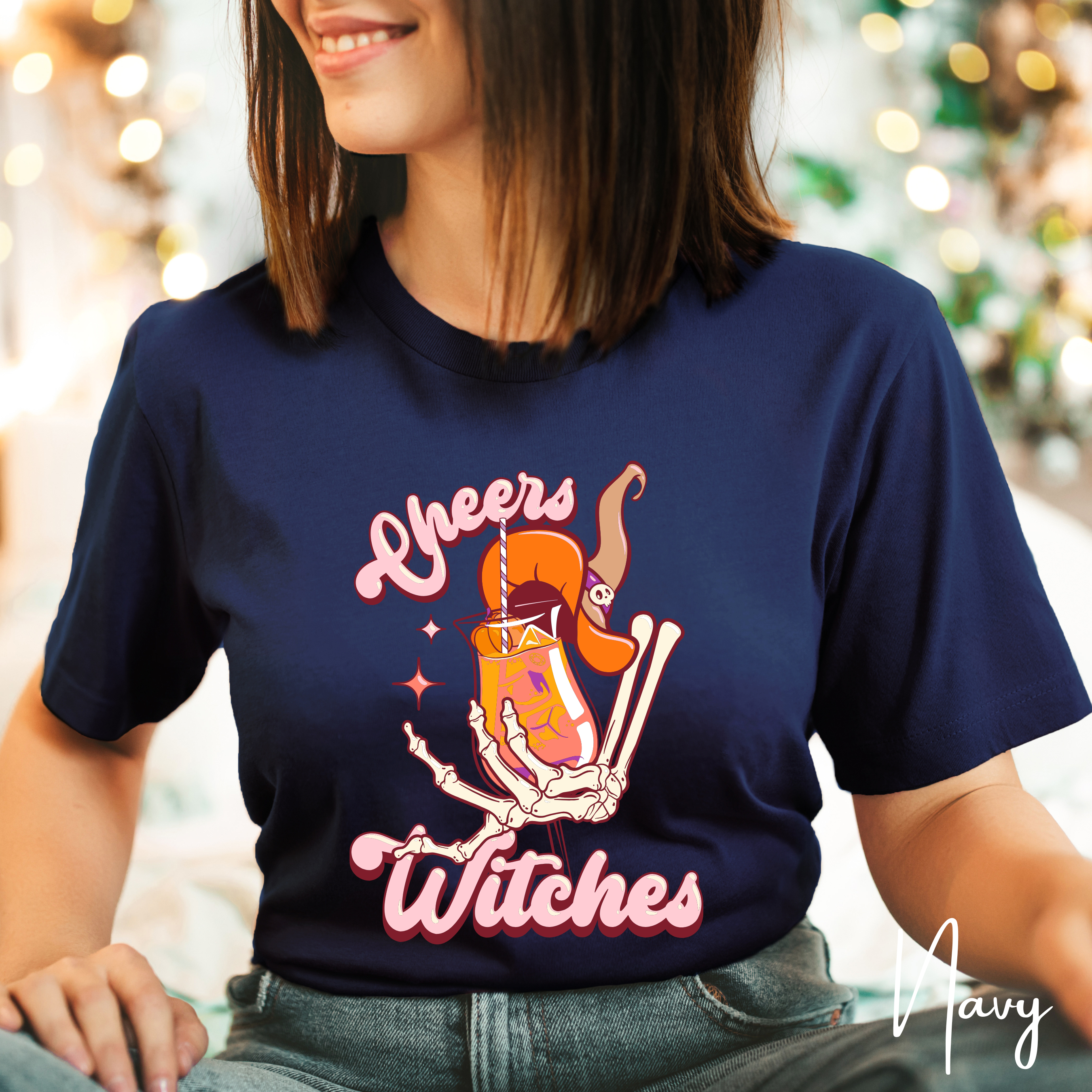 Cheers Witches T-Shirt | Skeleton Hand Cocktail Halloween Bella Canvas 3001 Tshirt