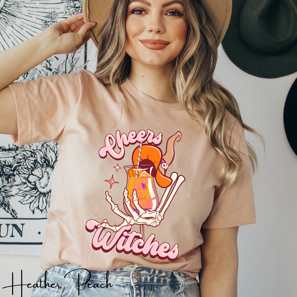 Cheers Witches T-Shirt | Skeleton Hand Cocktail Halloween Bella Canvas 3001 Tshirt