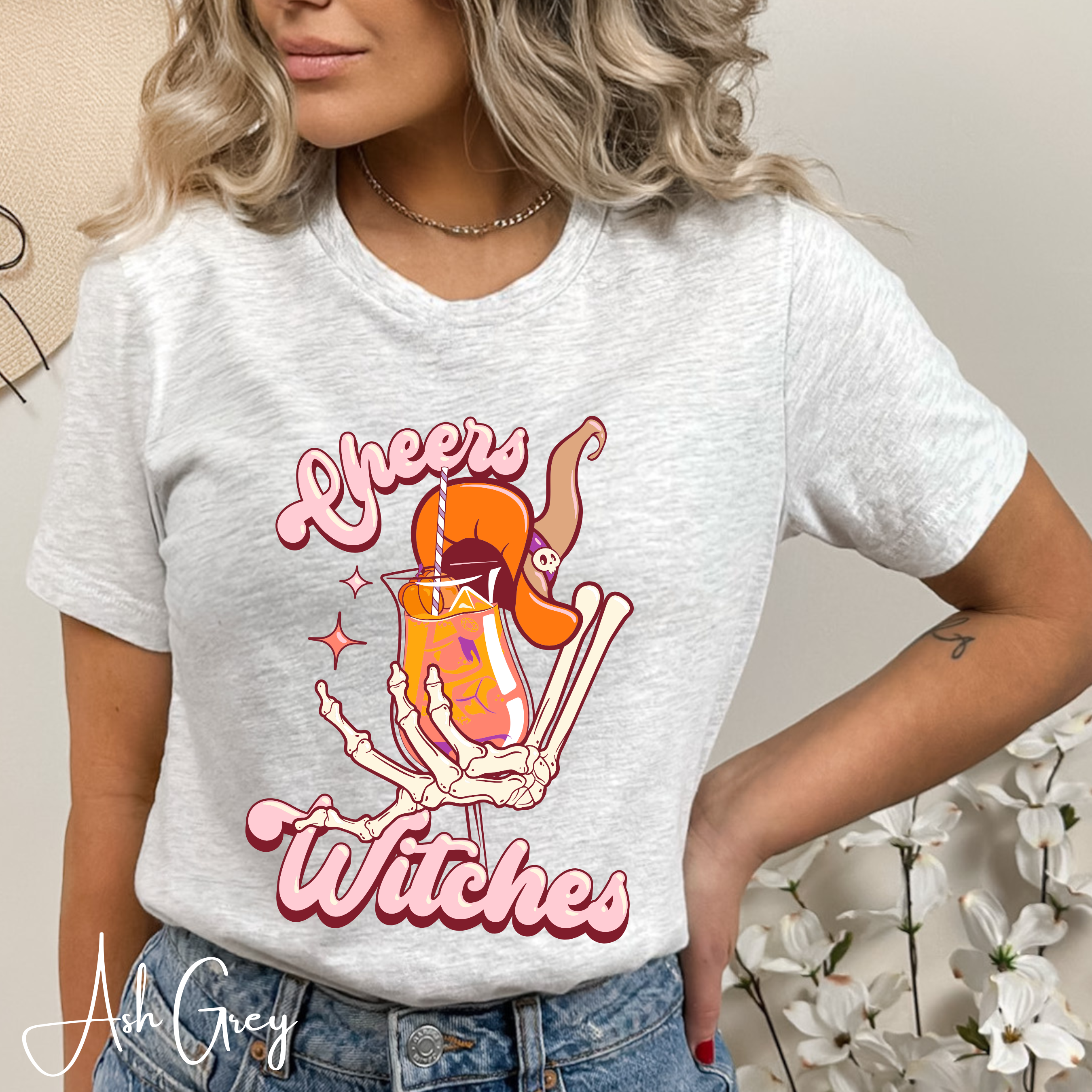Cheers Witches T-Shirt | Skeleton Hand Cocktail Halloween Bella Canvas 3001 Tshirt