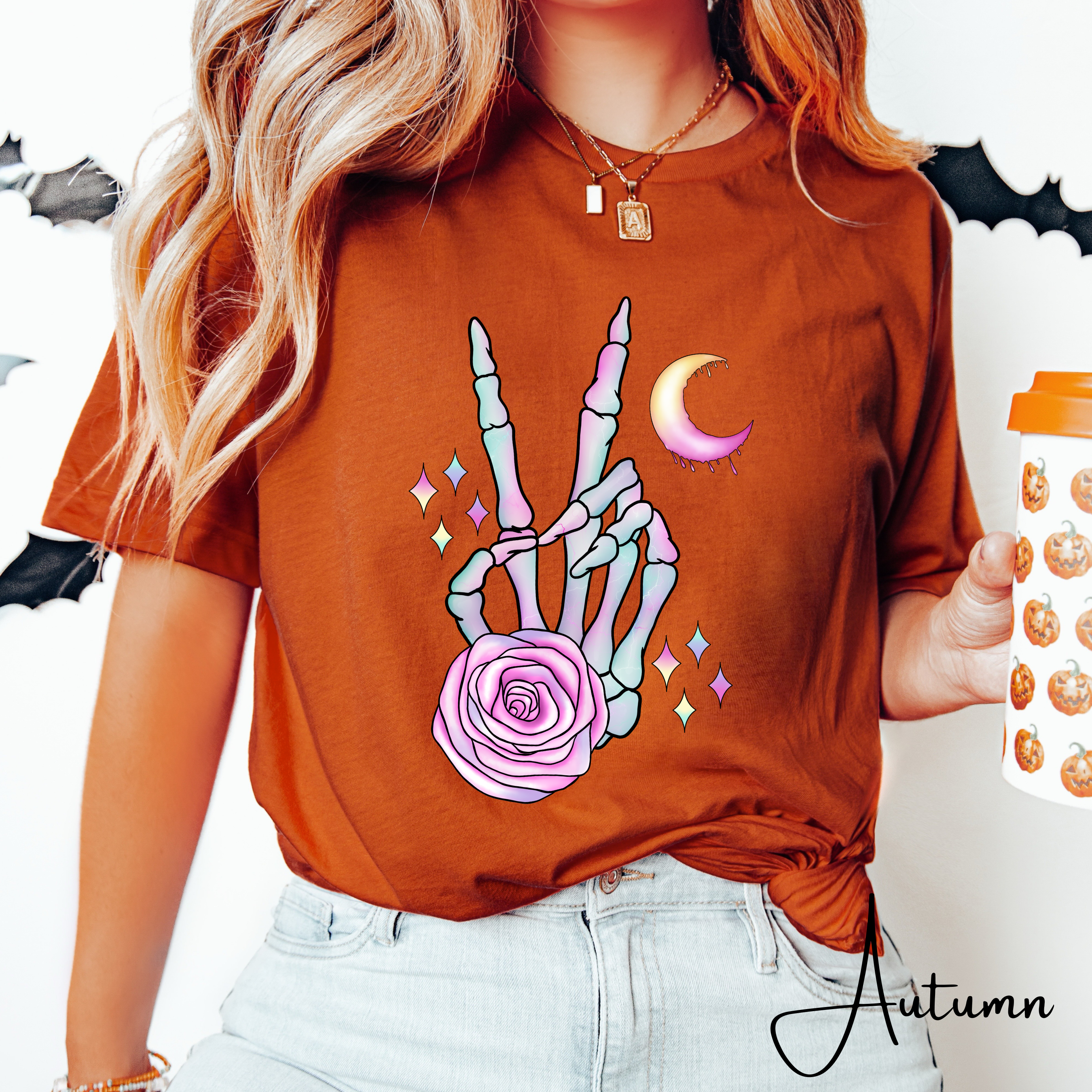 Skeleton Peace Sign Shirt with Crystals | Witchy Boho Graphic Bella Canvas 3001 Tshirt