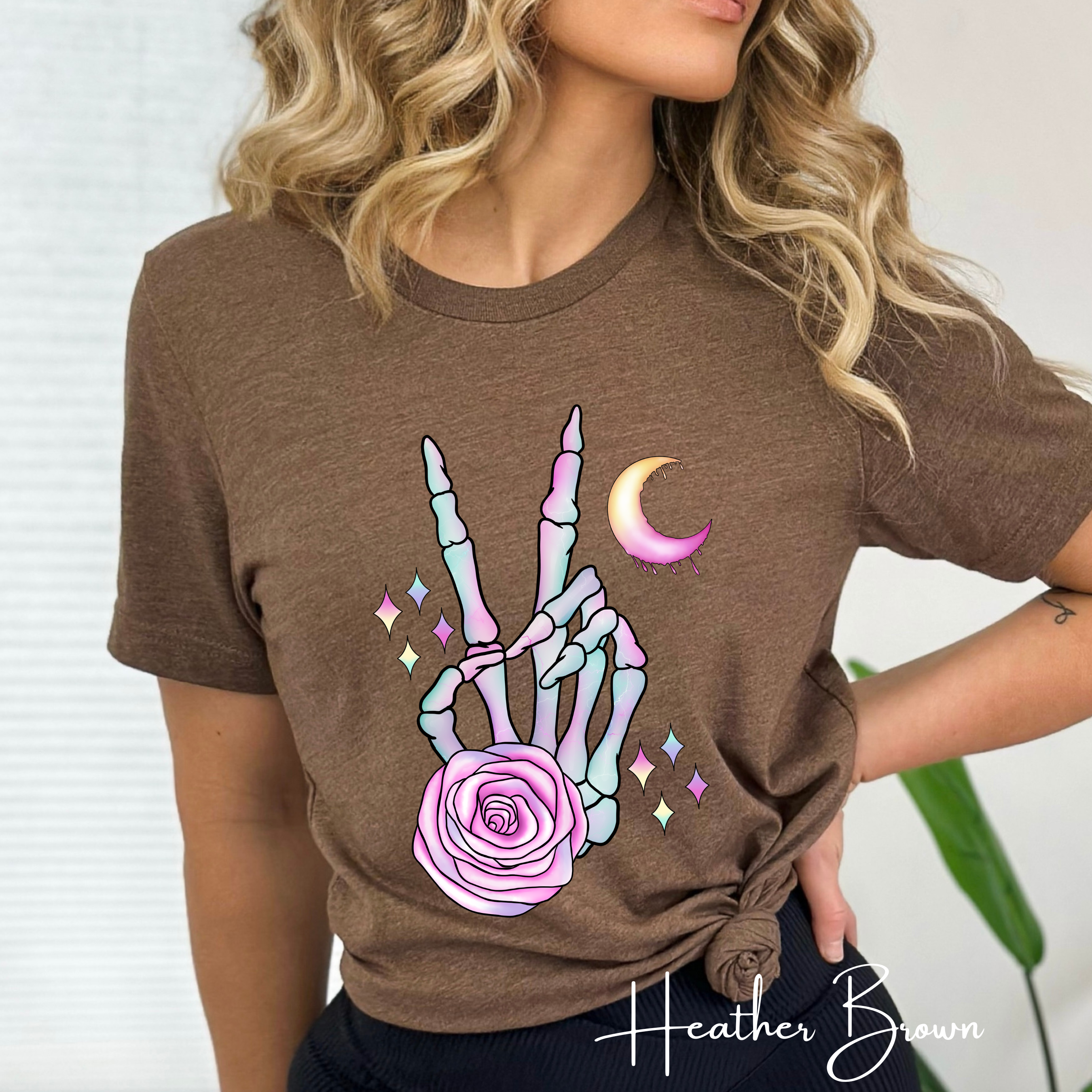 Skeleton Peace Sign Shirt with Crystals | Witchy Boho Graphic Bella Canvas 3001 Tshirt