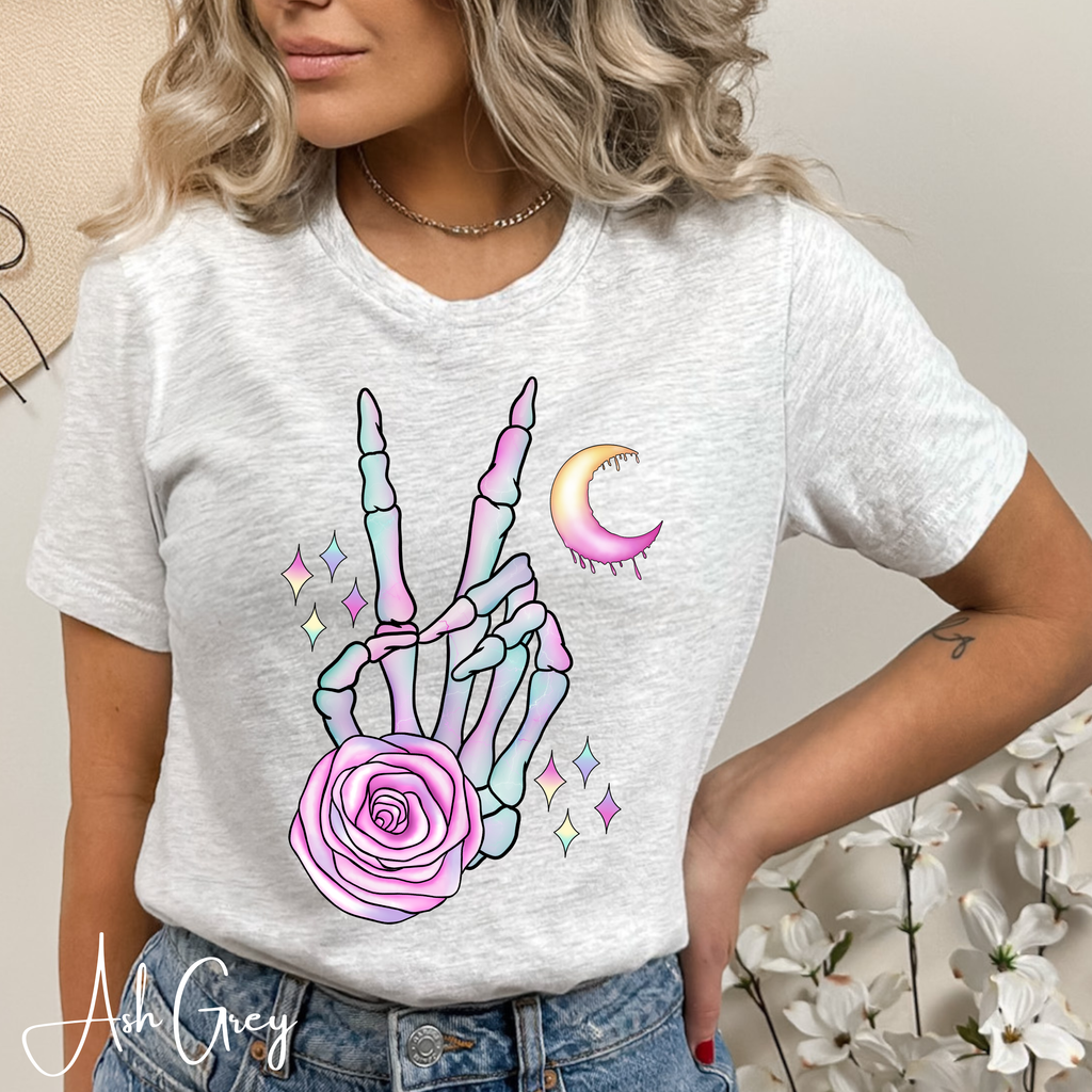 Skeleton Peace Sign Shirt with Crystals | Witchy Boho Graphic Bella Canvas 3001 Tshirt