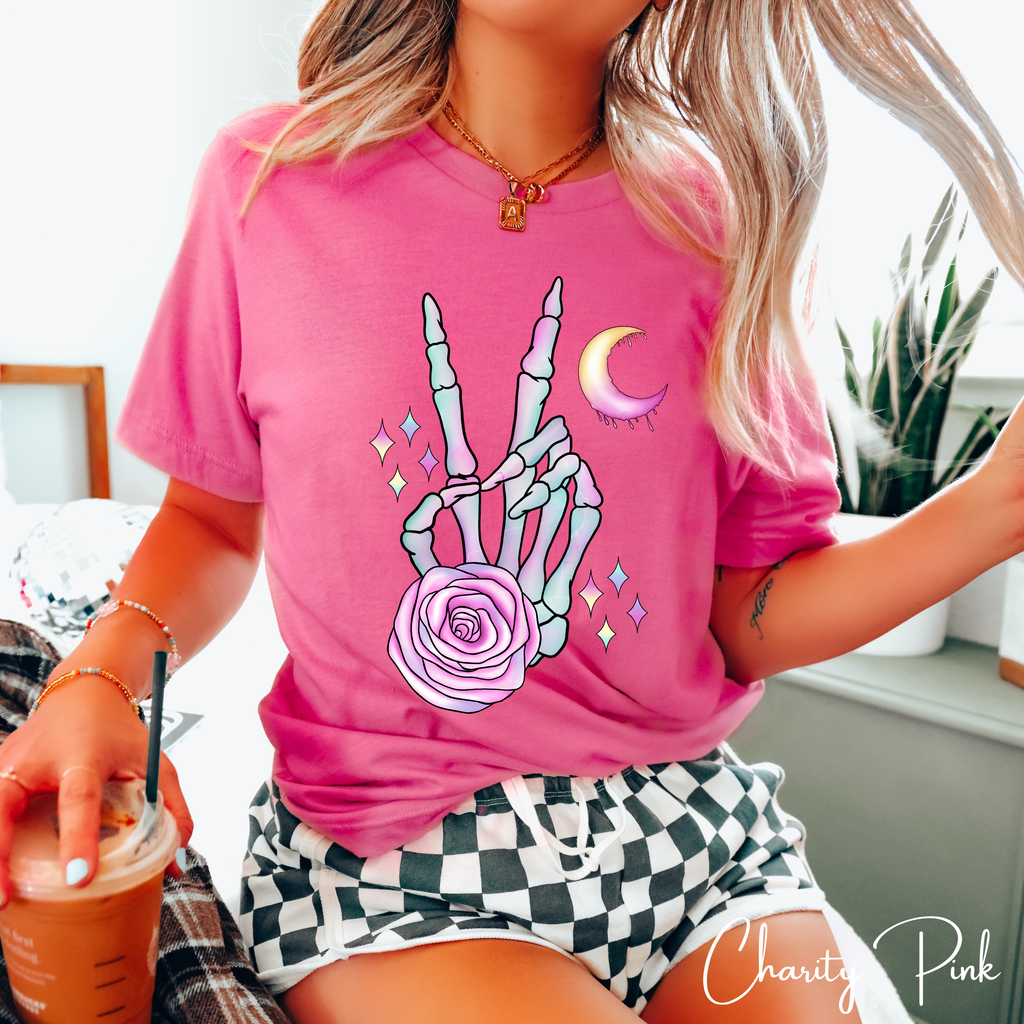 Skeleton Peace Sign Shirt with Crystals | Witchy Boho Graphic Bella Canvas 3001 Tshirt