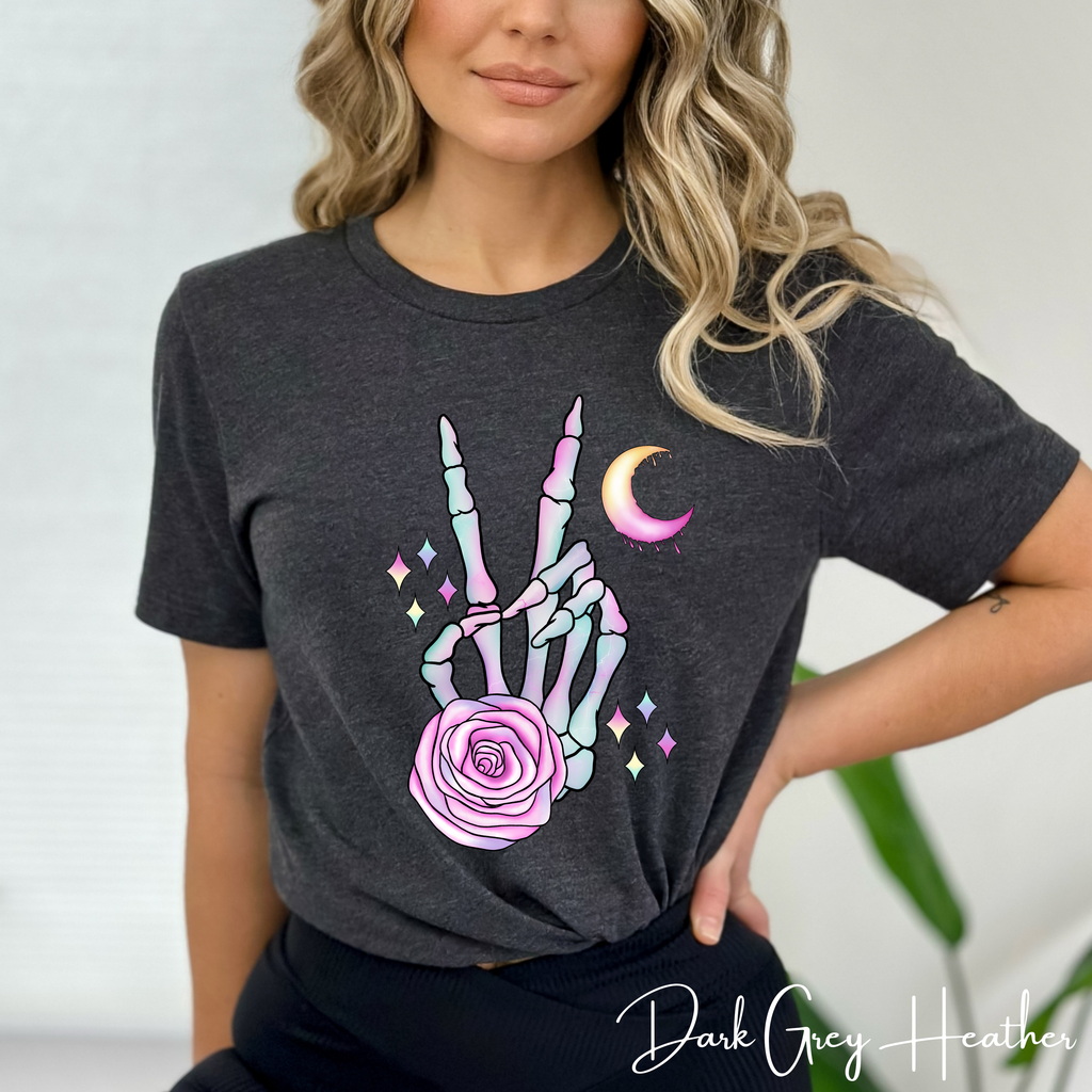 Skeleton Peace Sign Shirt with Crystals | Witchy Boho Graphic Bella Canvas 3001 Tshirt