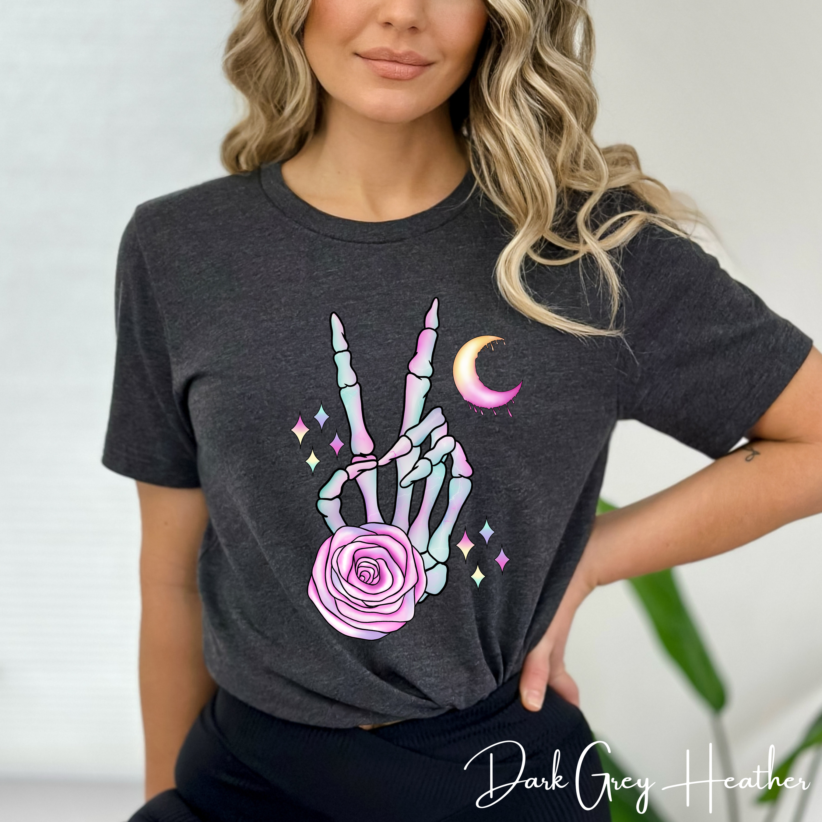 Skeleton Peace Sign Shirt with Crystals | Witchy Boho Graphic Bella Canvas 3001 Tshirt