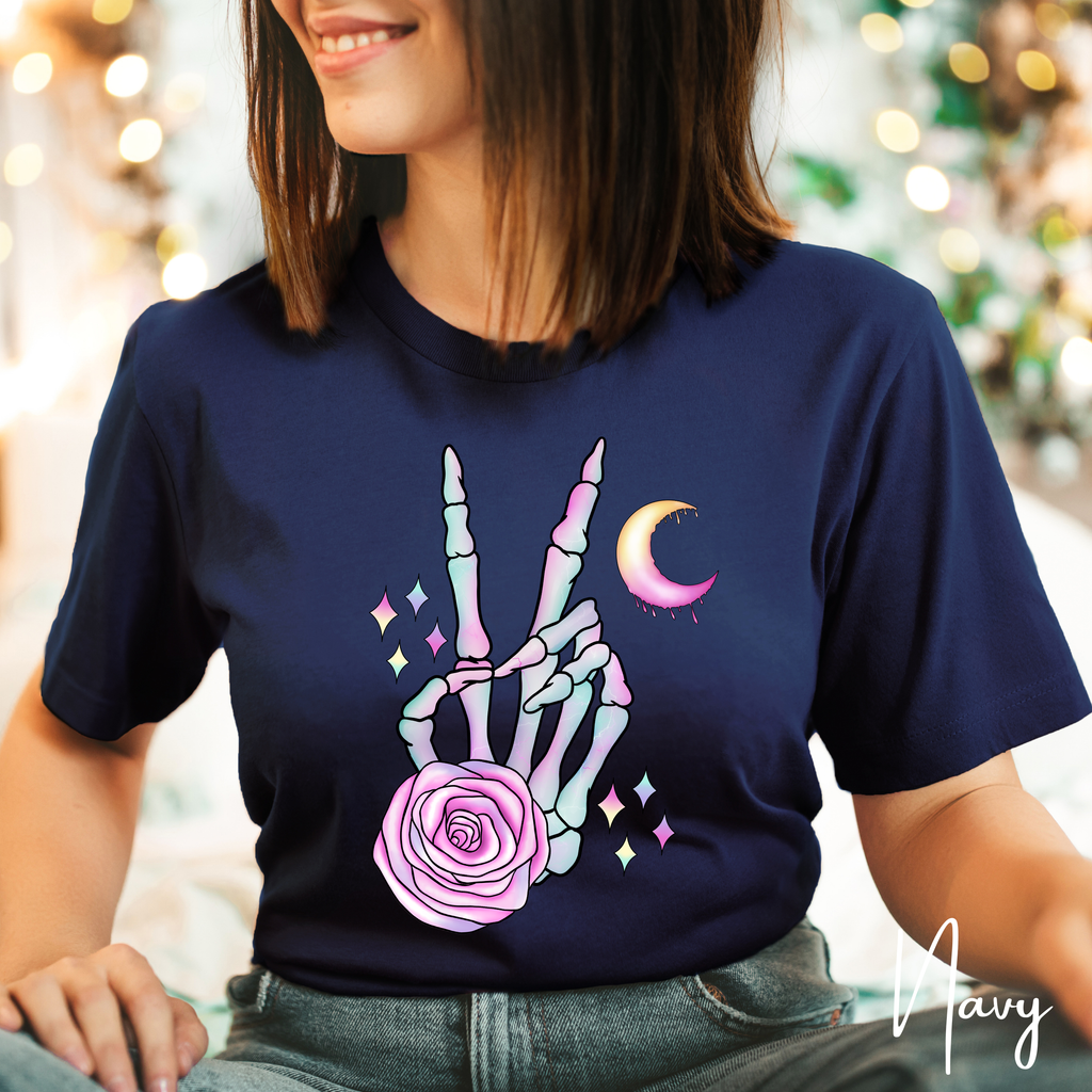 Skeleton Peace Sign Shirt with Crystals | Witchy Boho Graphic Bella Canvas 3001 Tshirt