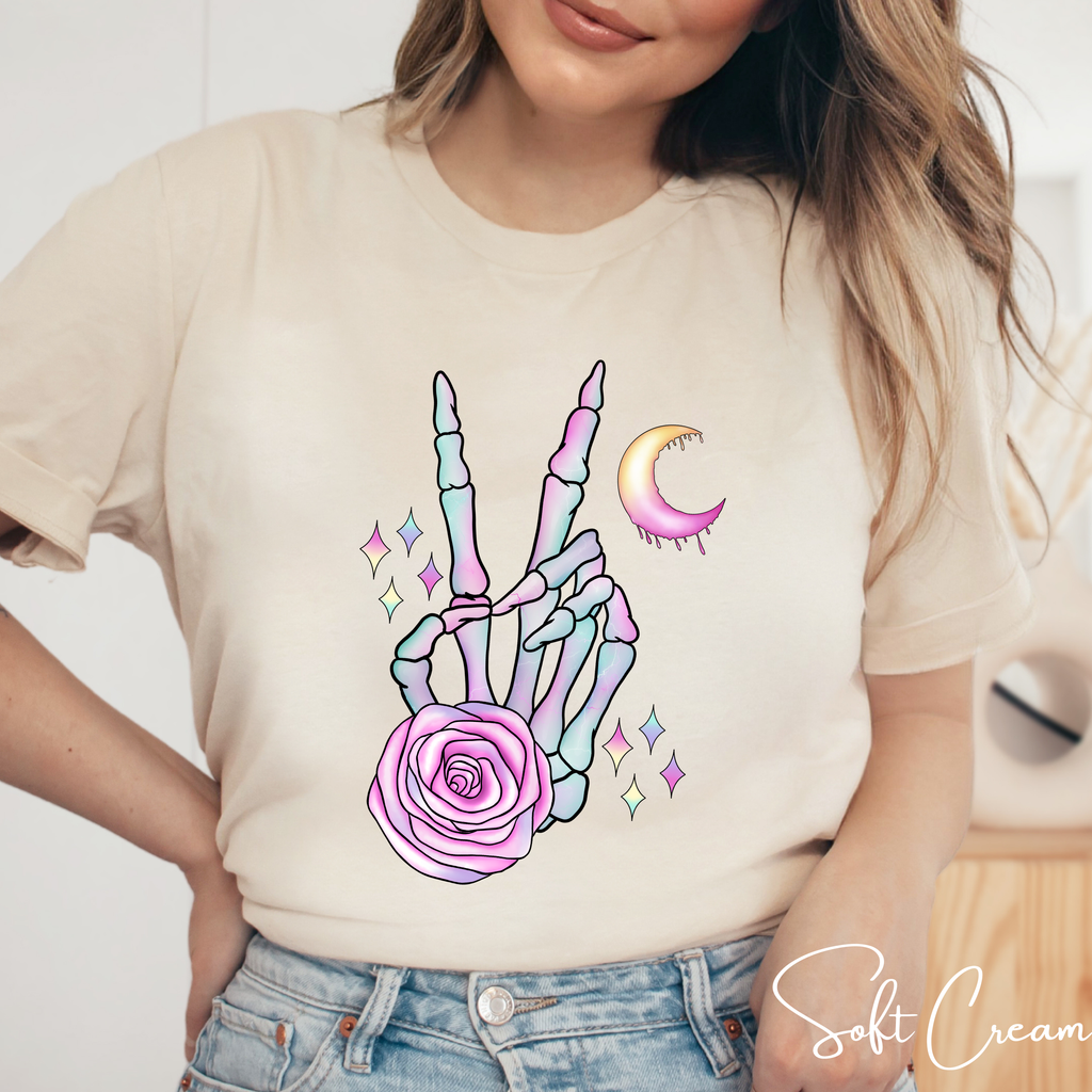 Skeleton Peace Sign Shirt with Crystals | Witchy Boho Graphic Bella Canvas 3001 Tshirt