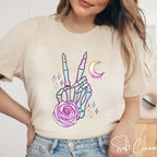 Skeleton Peace Sign Shirt with Crystals | Witchy Boho Graphic Bella Canvas 3001 Tshirt