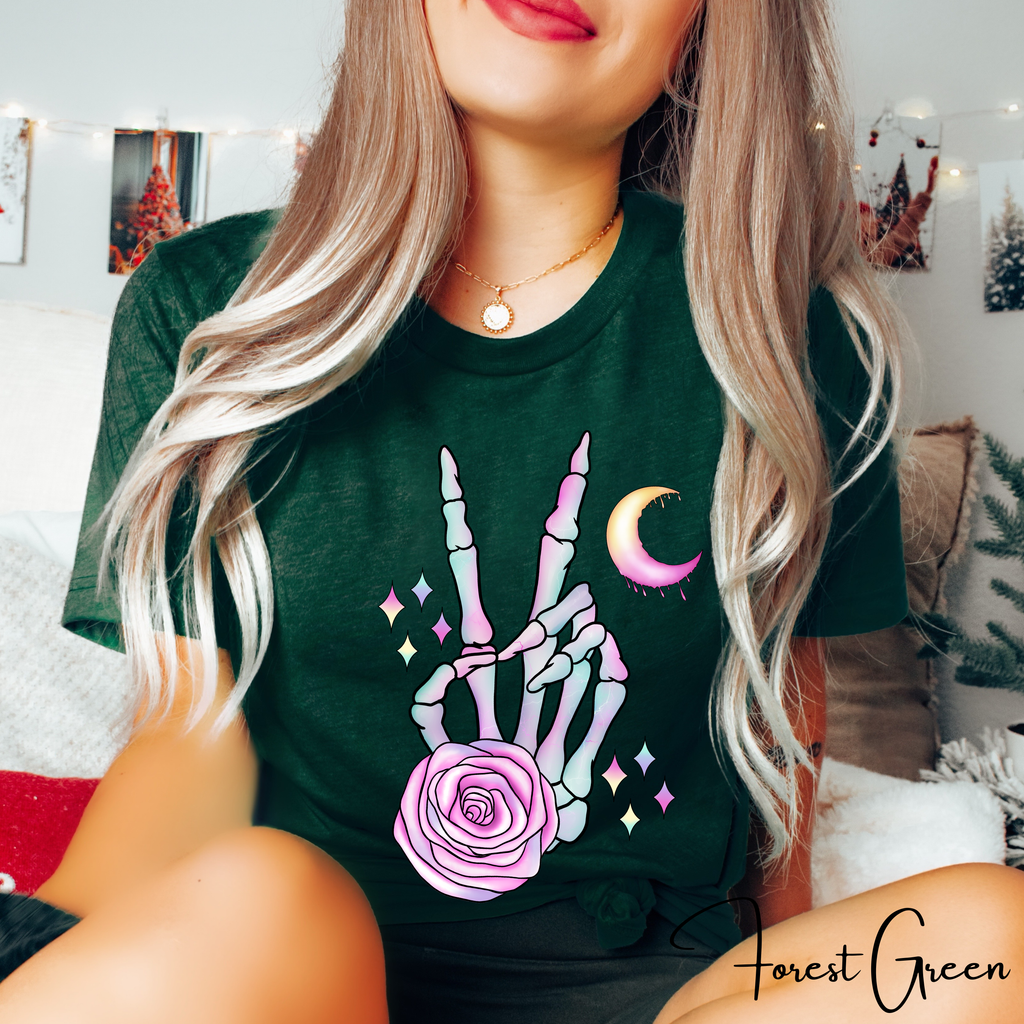 Skeleton Peace Sign Shirt with Crystals | Witchy Boho Graphic Bella Canvas 3001 Tshirt