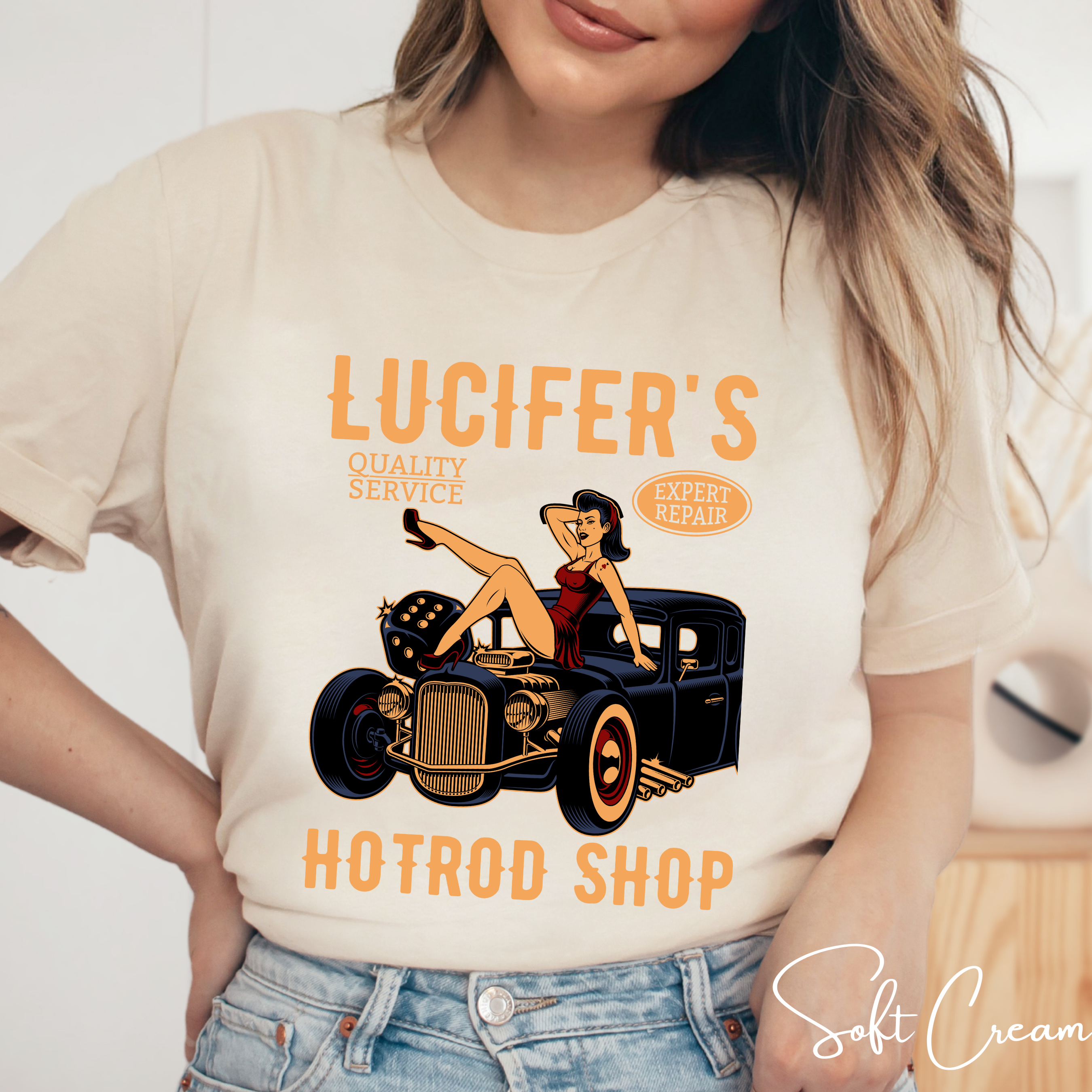 Lucifer’s Hot Rod Shop T-Shirt 🔥 | Retro Pinup Girl & Hot Rod Tee | Rockabilly Vintage Style Graphic Bella Canvas 3001 Tshirt