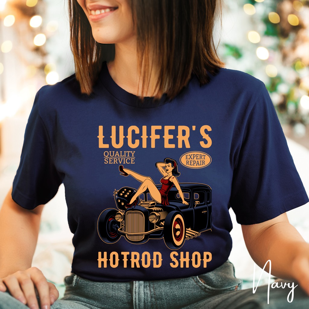 Lucifer’s Hot Rod Shop T-Shirt 🔥 | Retro Pinup Girl & Hot Rod Tee | Rockabilly Vintage Style Graphic Bella Canvas 3001 Tshirt